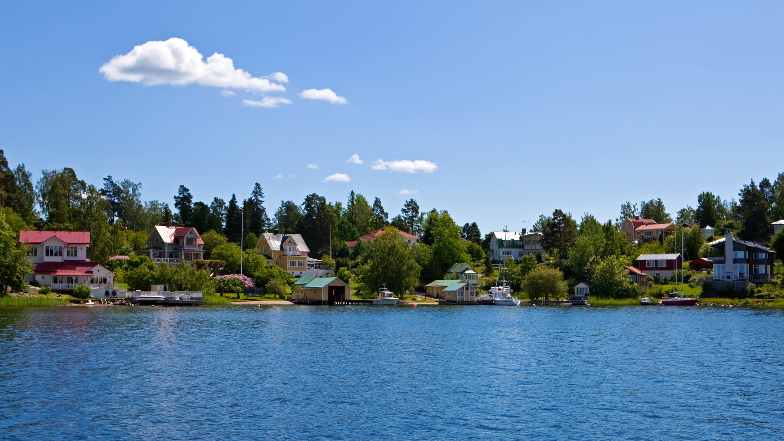 Houses on a hill overlooking a blue lake in Sweden HD Wallpaper