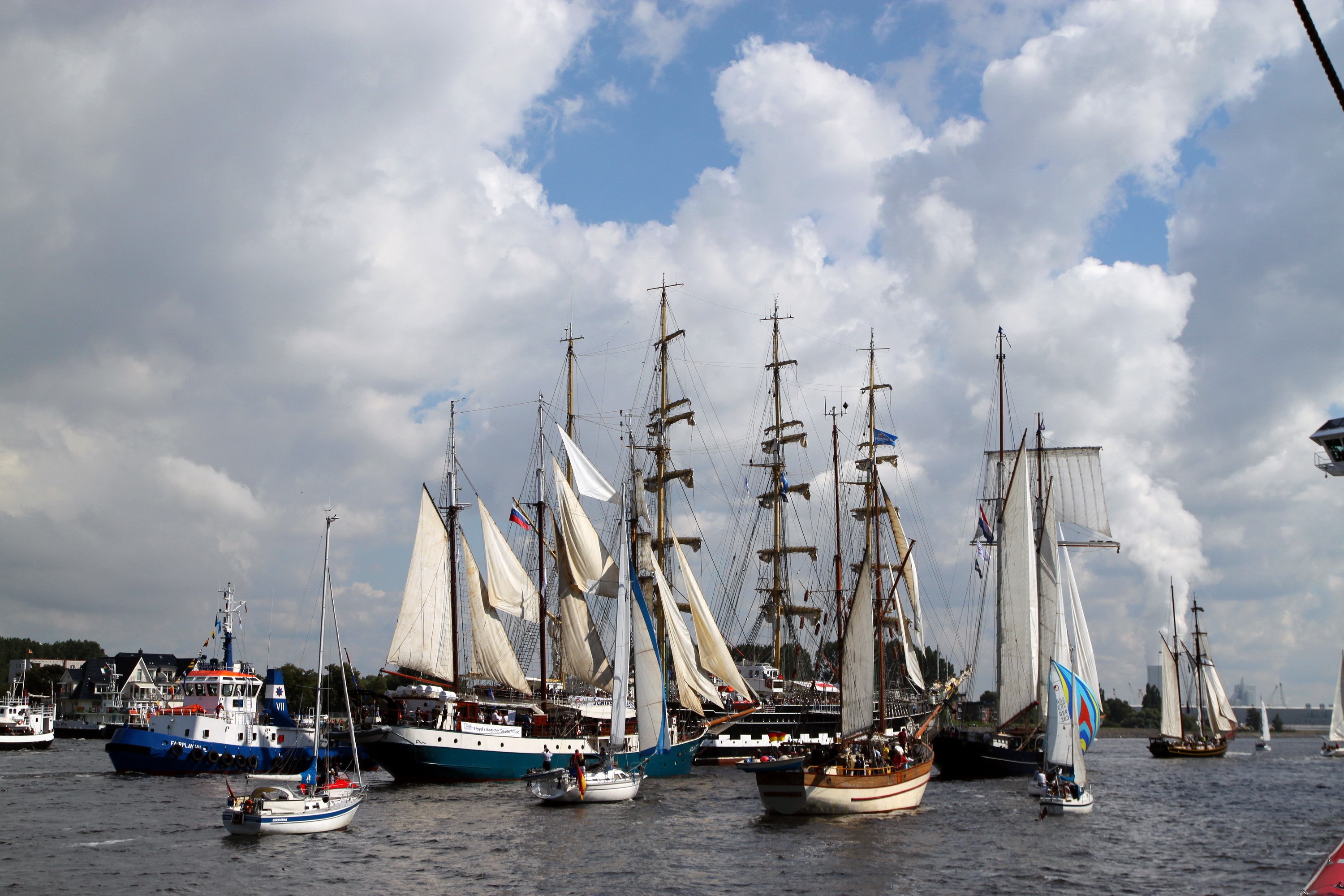 Tall ships and tugboat on the water HD Wallpaper