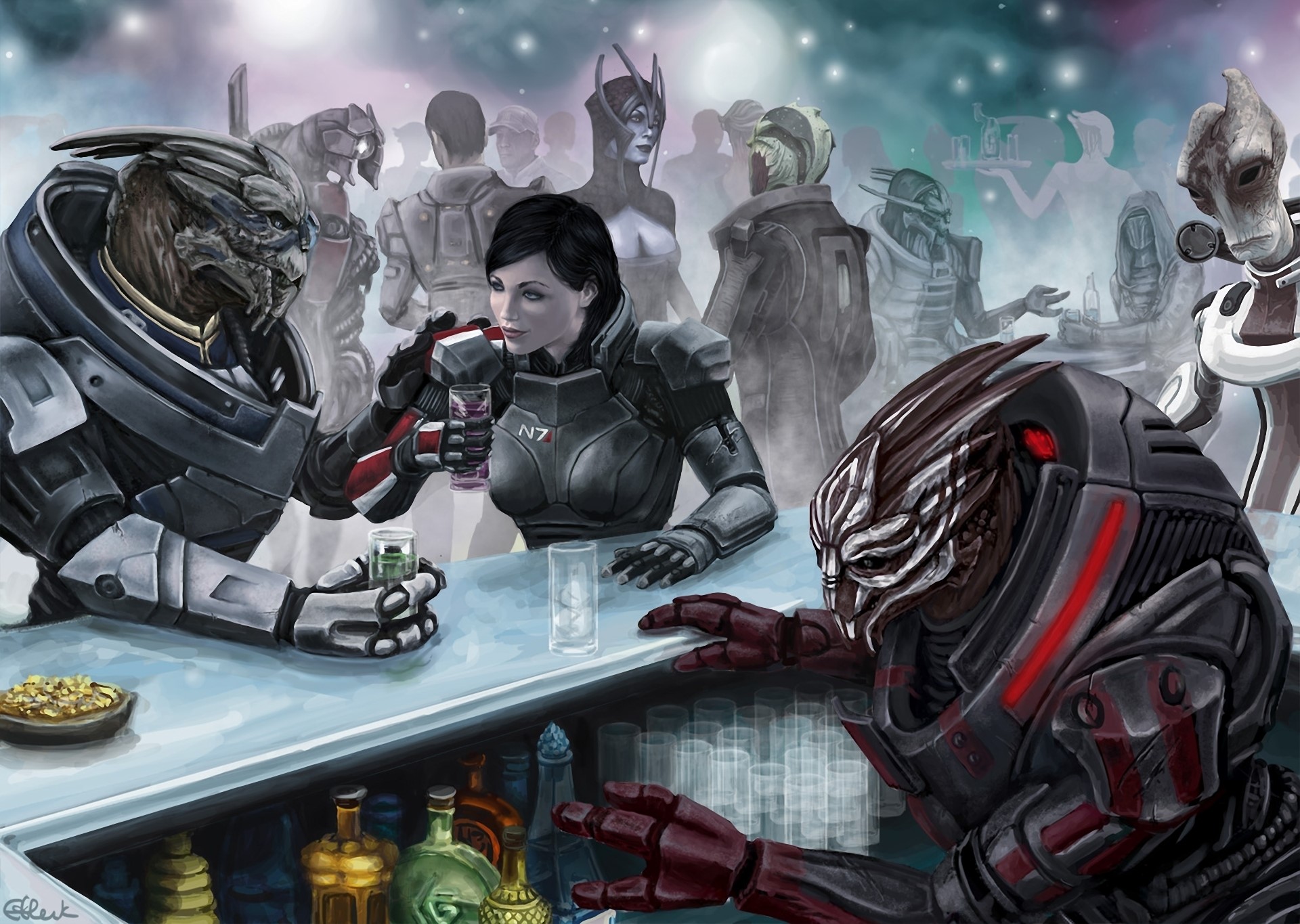 Characters from Mass Effect at a bar HD Wallpaper