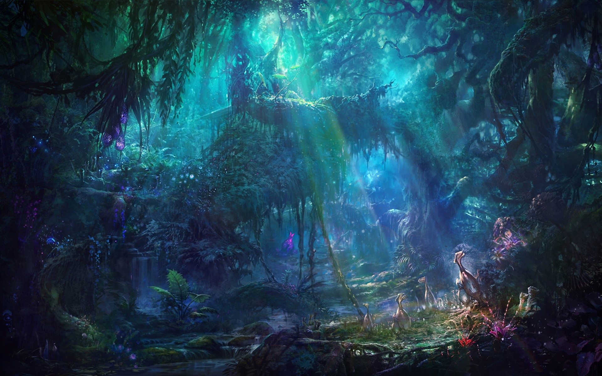Enchanted forest with glowing flora and fauna HD Wallpaper