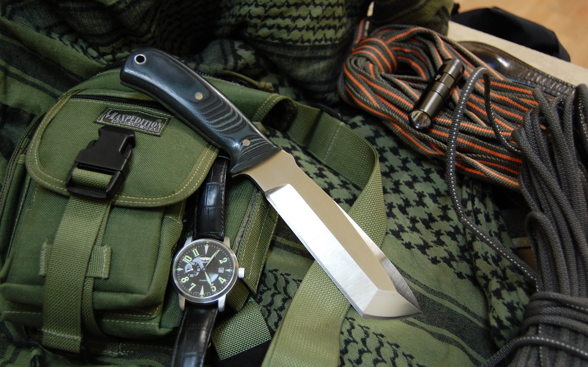 Knife, watch, bag, rope, and flashlight HD Wallpaper