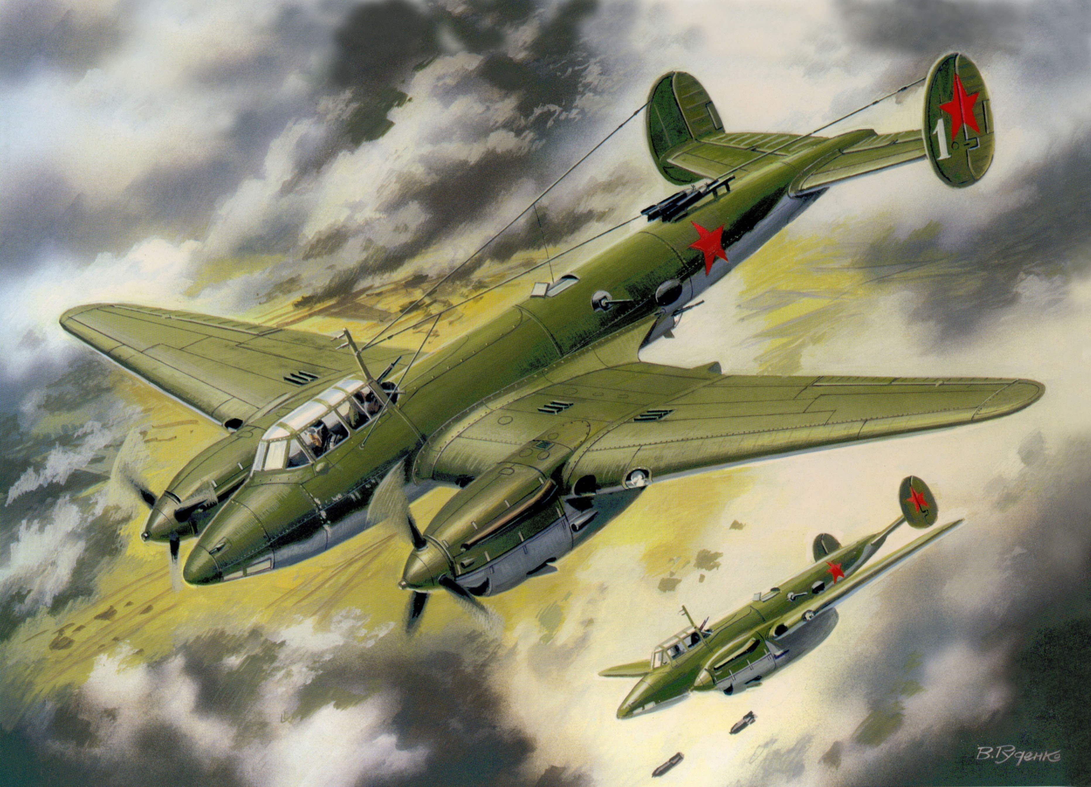 Two Soviet bombers flying in formation HD Wallpaper