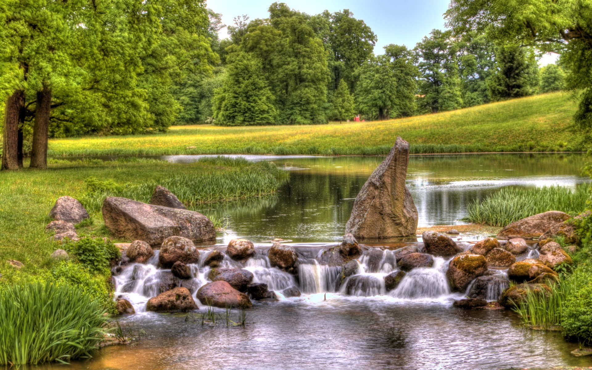 Park with a pond and waterfall HD Wallpaper