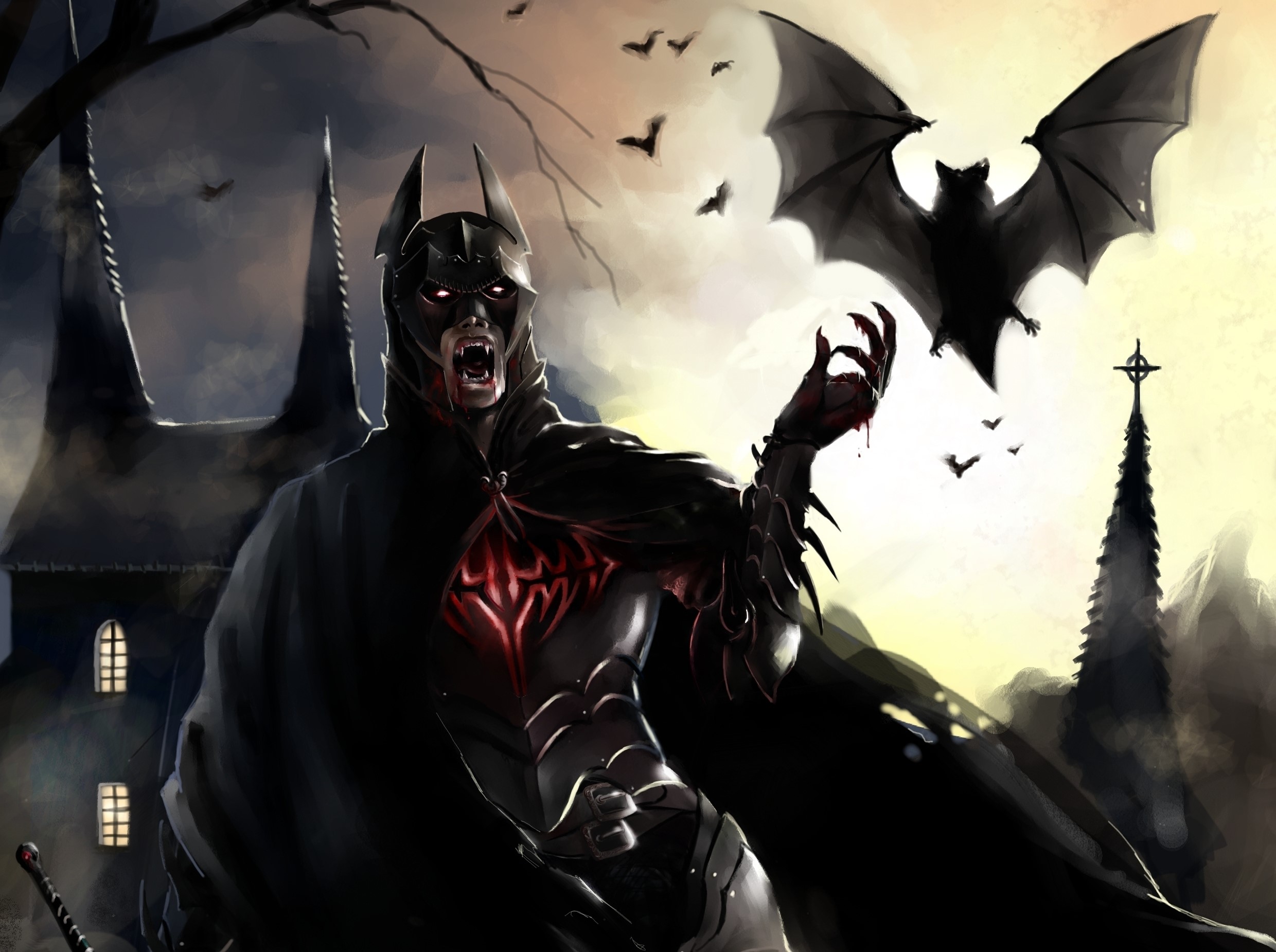 Vampire Batman with Bats and Gothic Architecture HD Wallpaper