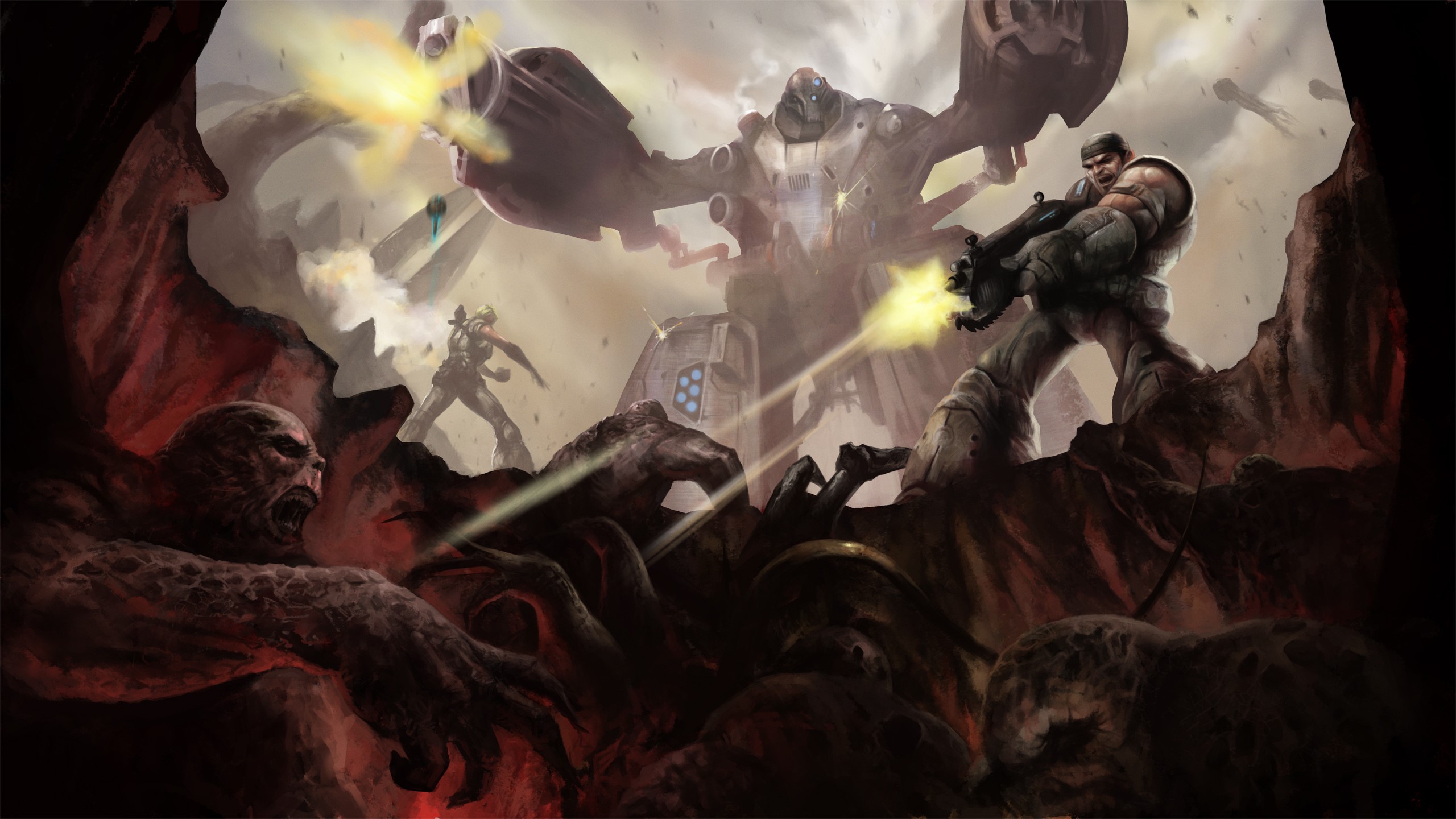 Gears of War characters fighting a giant robot and monsters HD Wallpaper