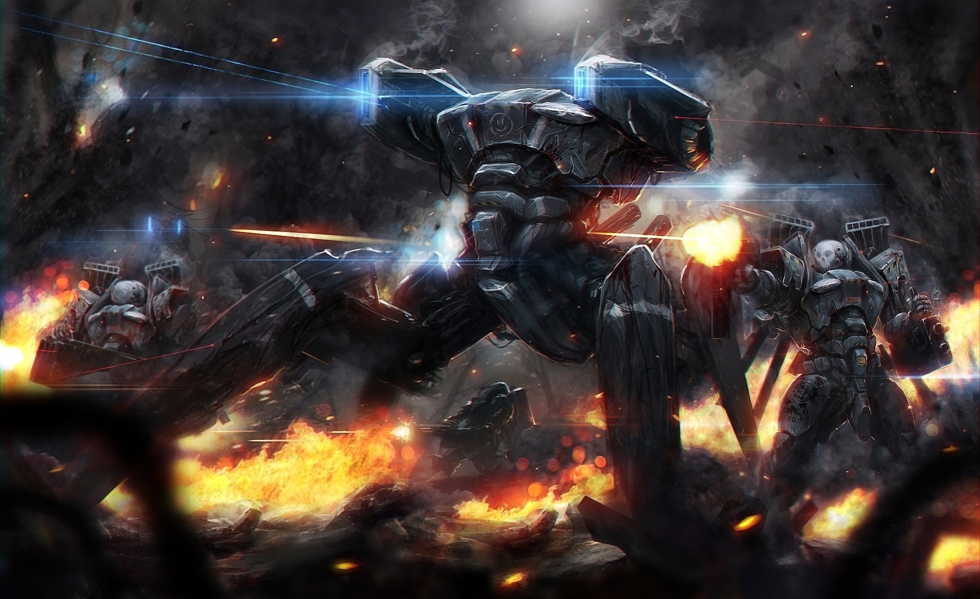 Giant mechs and soldiers in a fiery battle HD Wallpaper