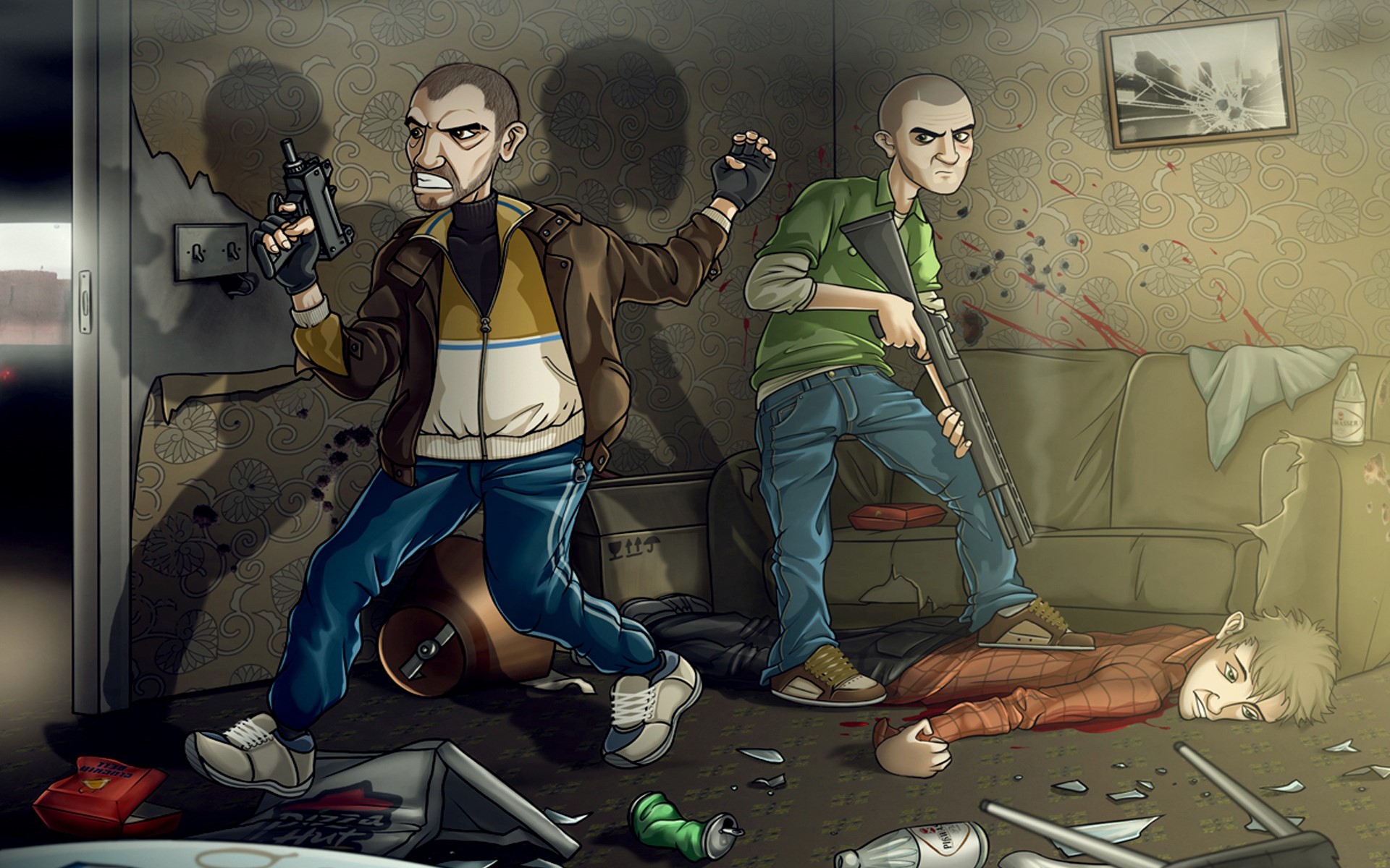 Niko Bellic and companion from Grand Theft Auto in a violent scene HD Wallpaper
