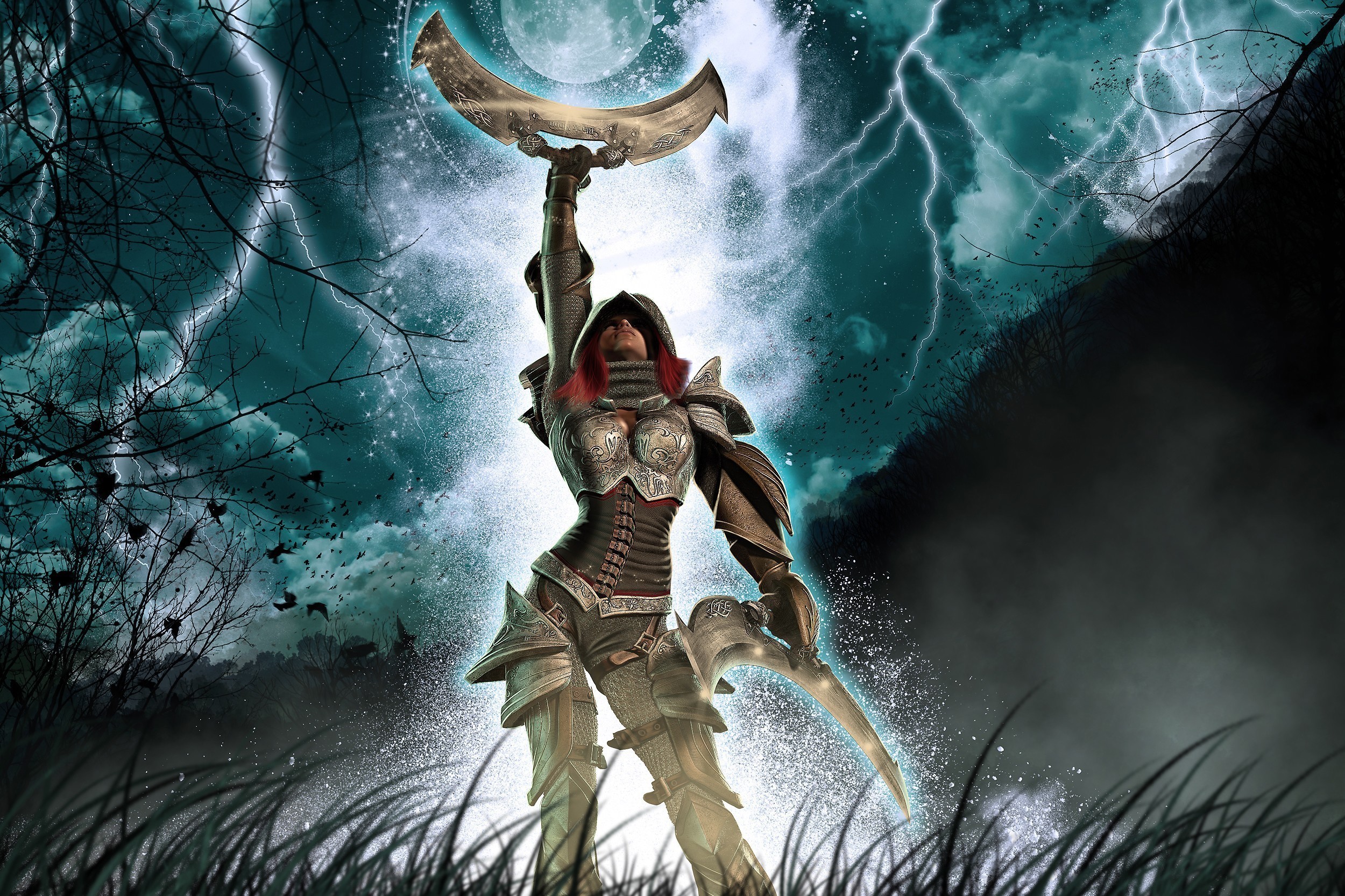 Warrior woman with swords in stormy night HD Wallpaper