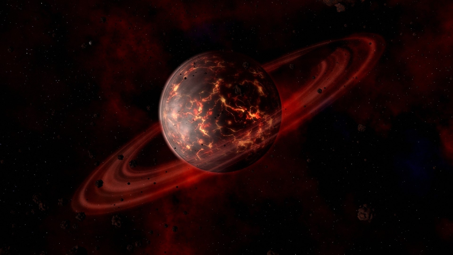 Volcanic planet with rings in space HD Wallpaper
