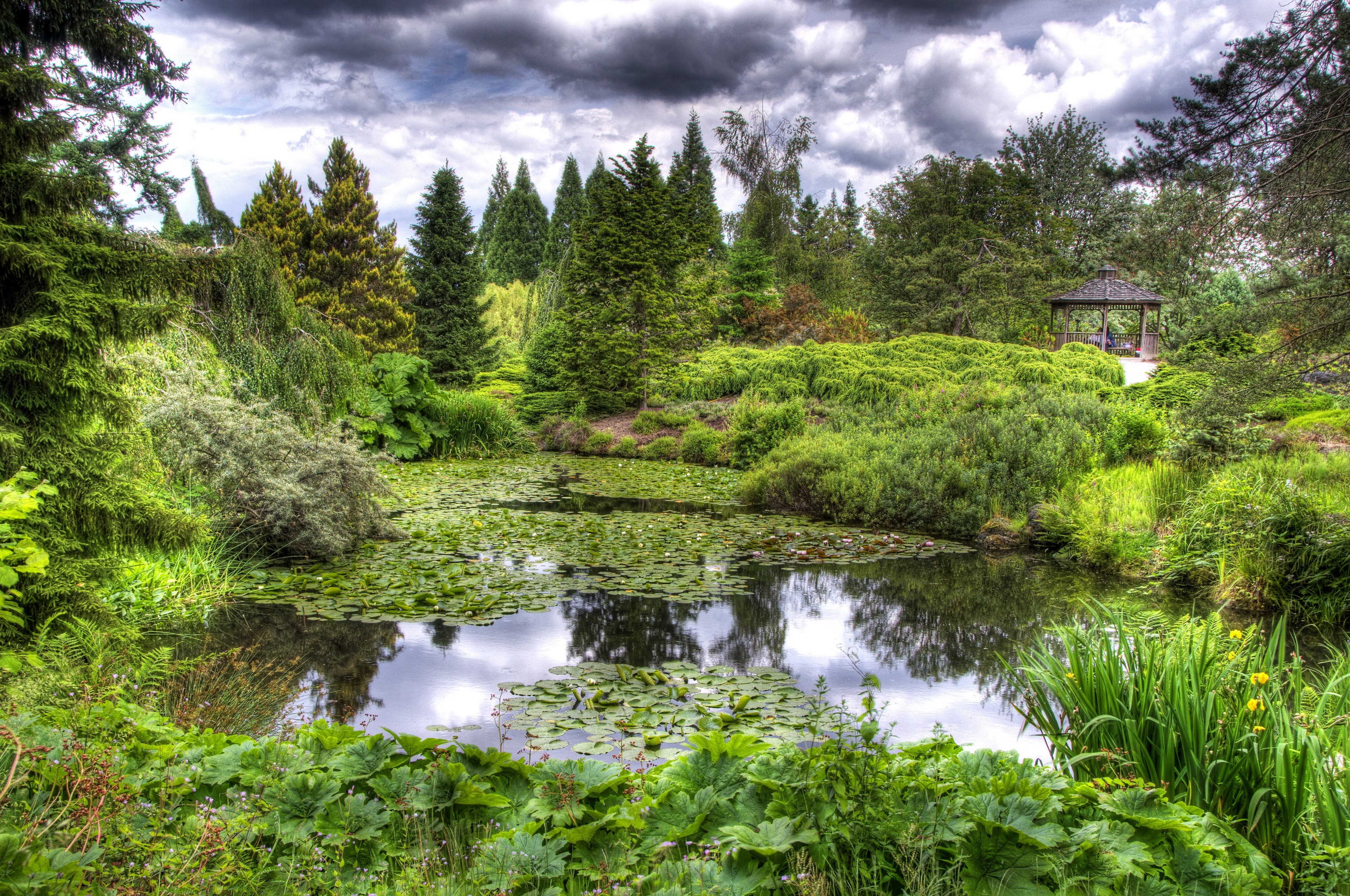 Park with pond and gazebo HD Wallpaper