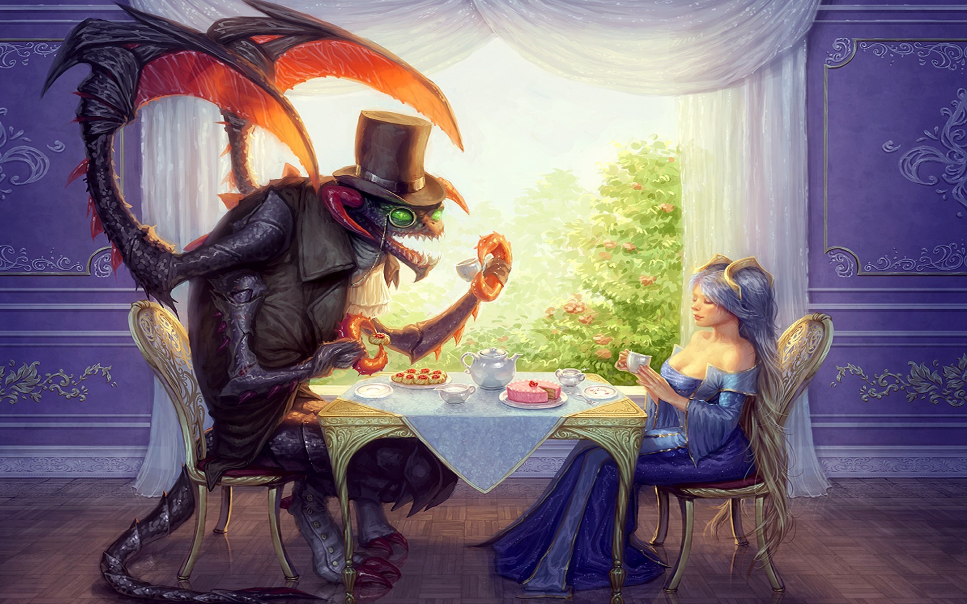 Kled from League of Legends having tea with a woman HD Wallpaper