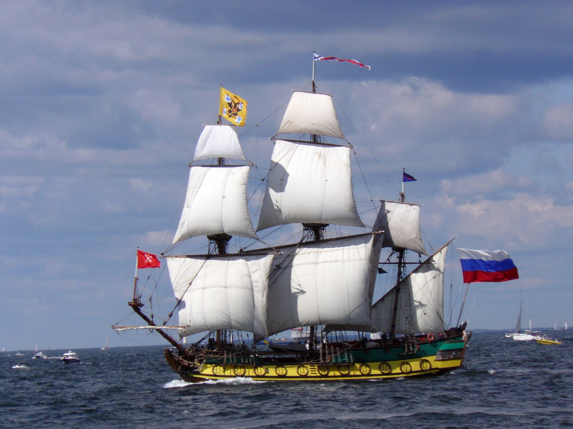 The Shtandart sailing ship with Russian flags HD Wallpaper