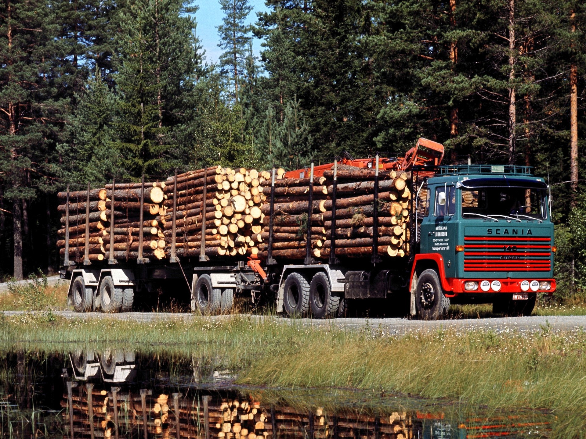 Scania logging truck with a load of logs HD Wallpaper