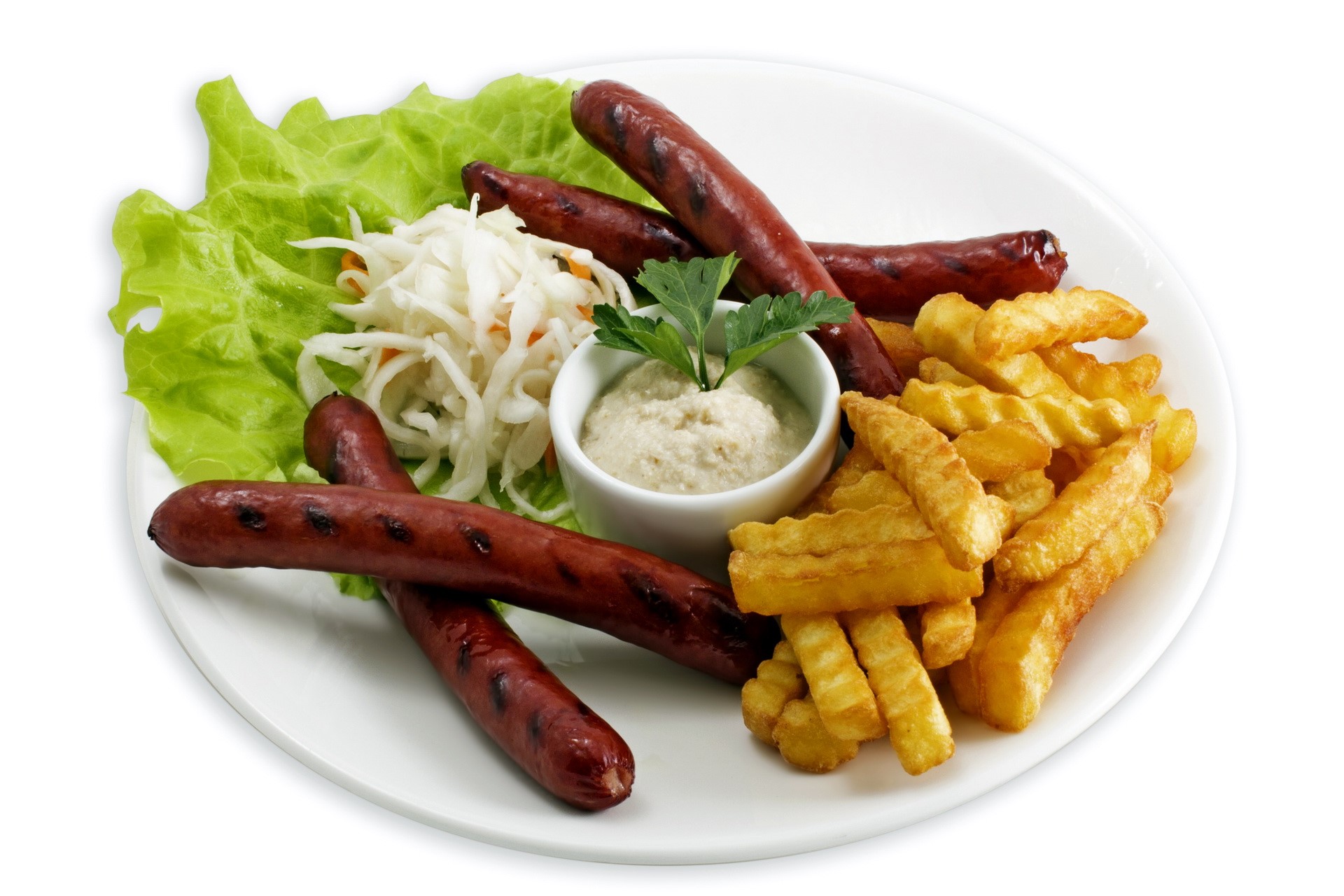Sausages with french fries and coleslaw HD Wallpaper