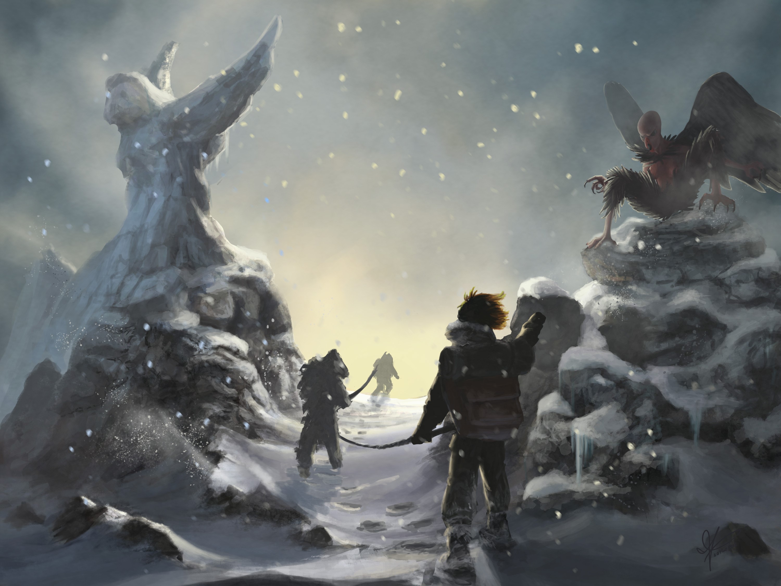 People in a snowy landscape with statues HD Wallpaper