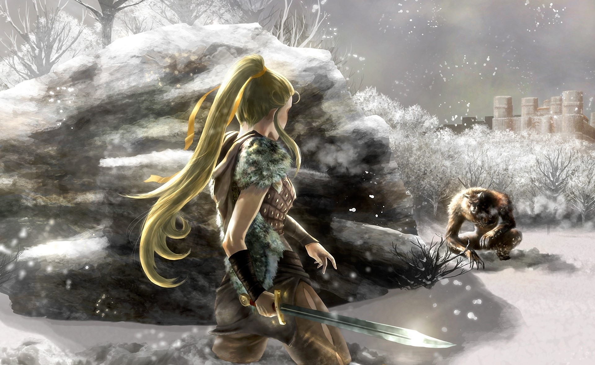 Warrior girl with sword facing werewolf in snowy landscape HD Wallpaper