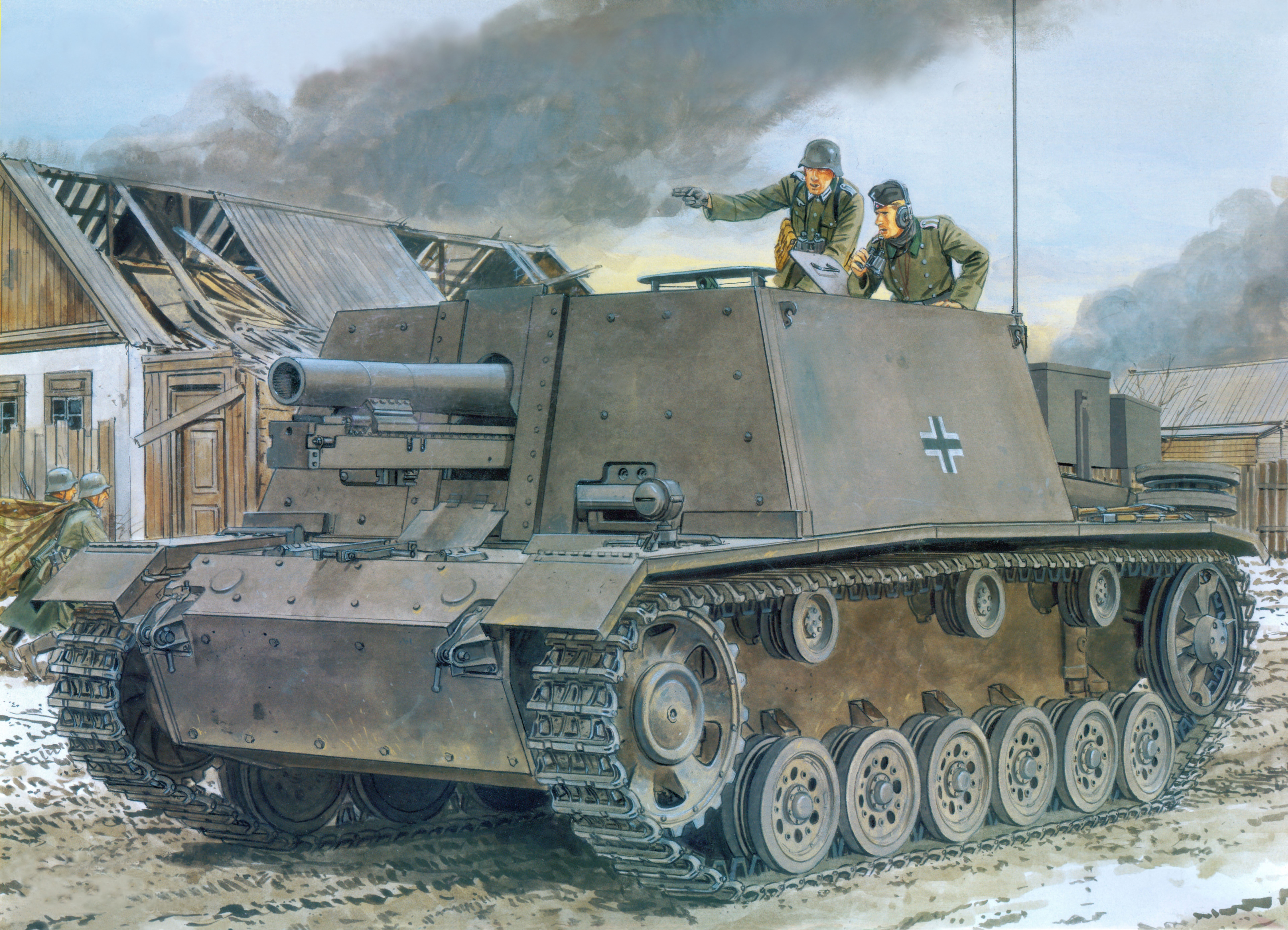 s IG 33 auf Fgst Pz Kpfw III tank in a destroyed village HD Wallpaper