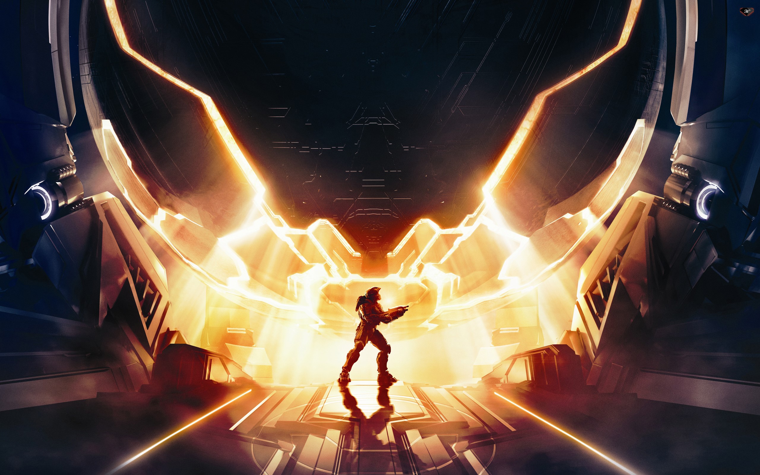 Master Chief from Halo in a futuristic chamber HD Wallpaper