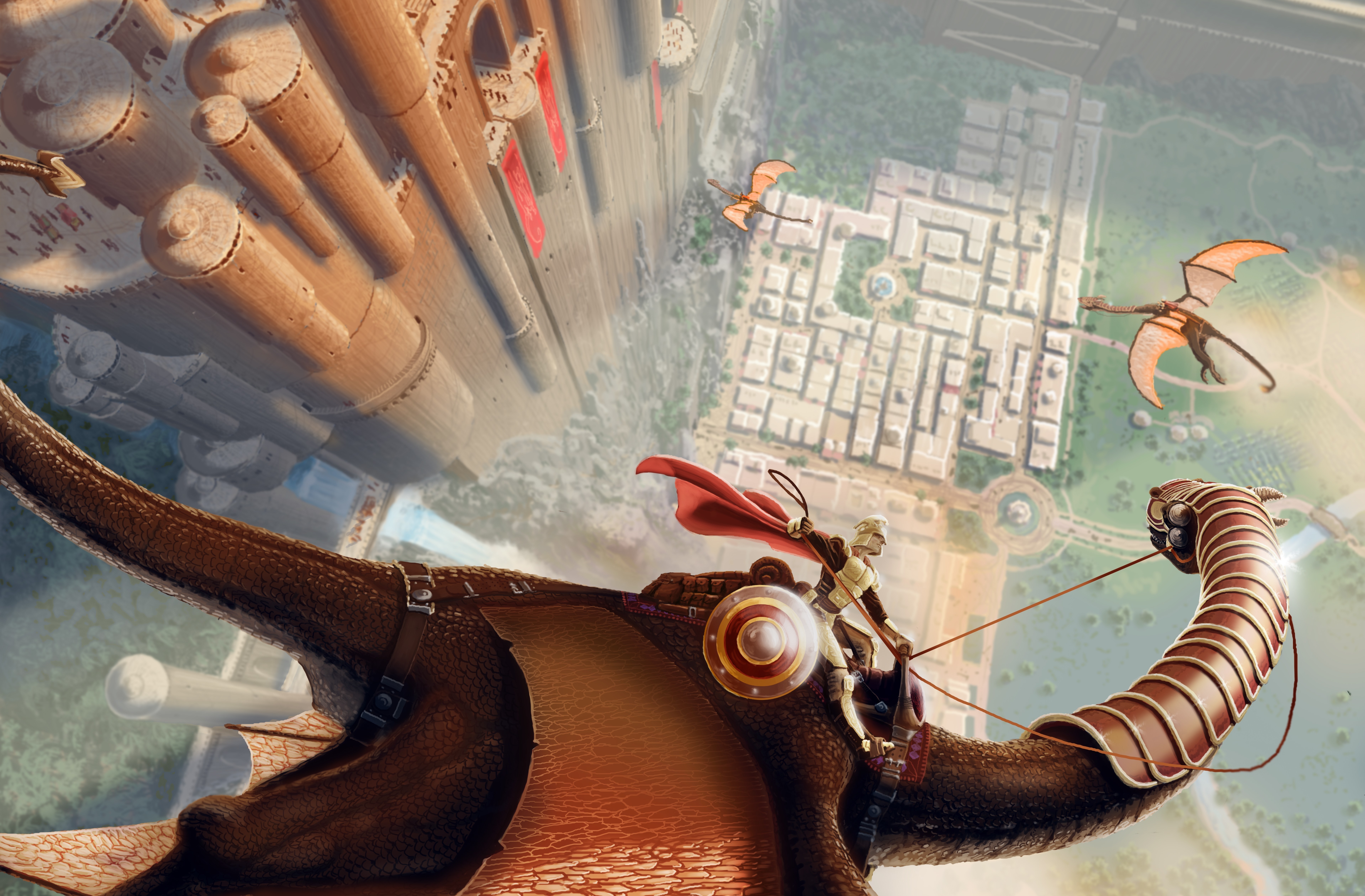 Dragons flying over a city HD Wallpaper