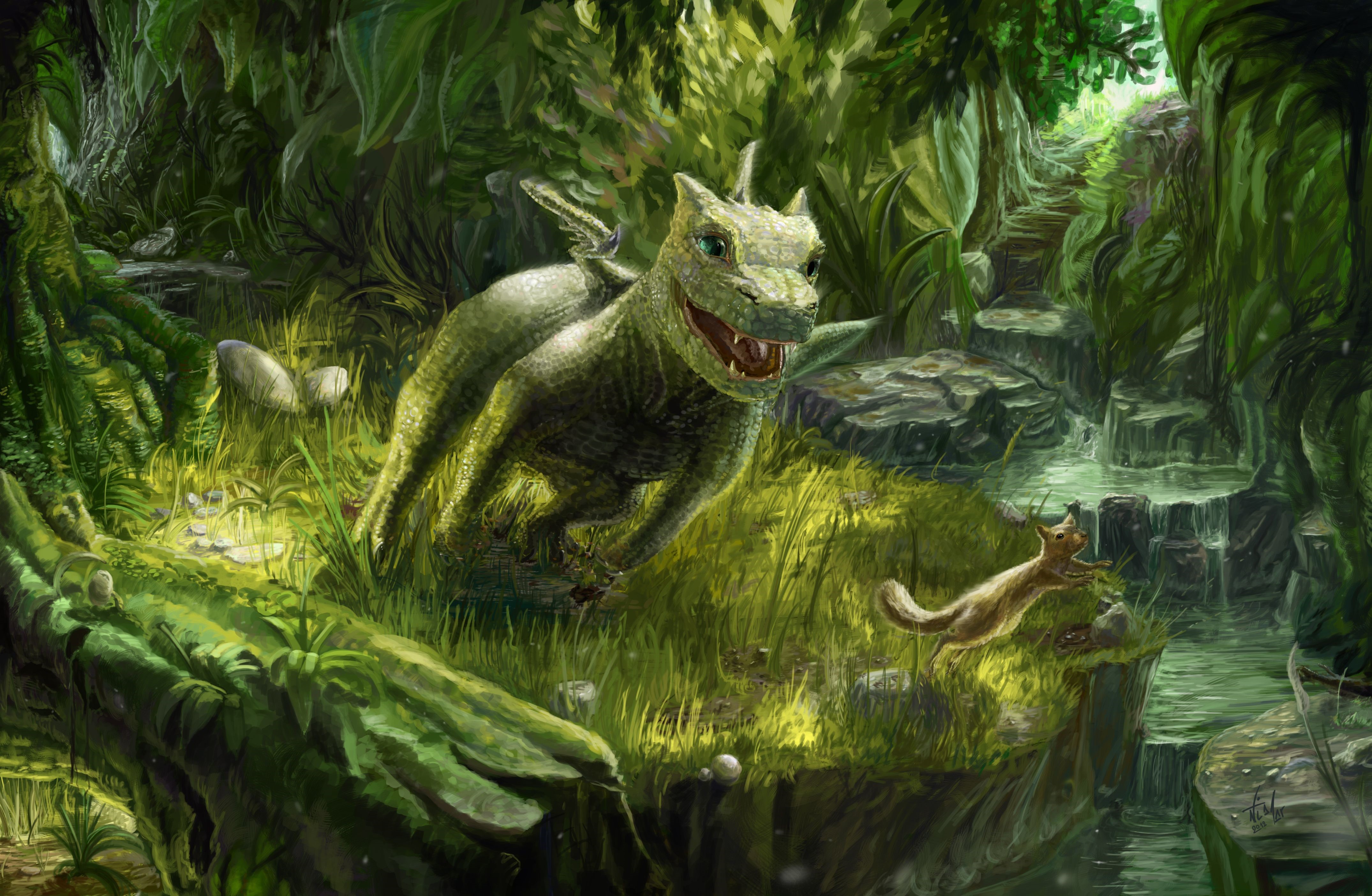 4K Dragon and Squirrel in Forest HD Wallpaper