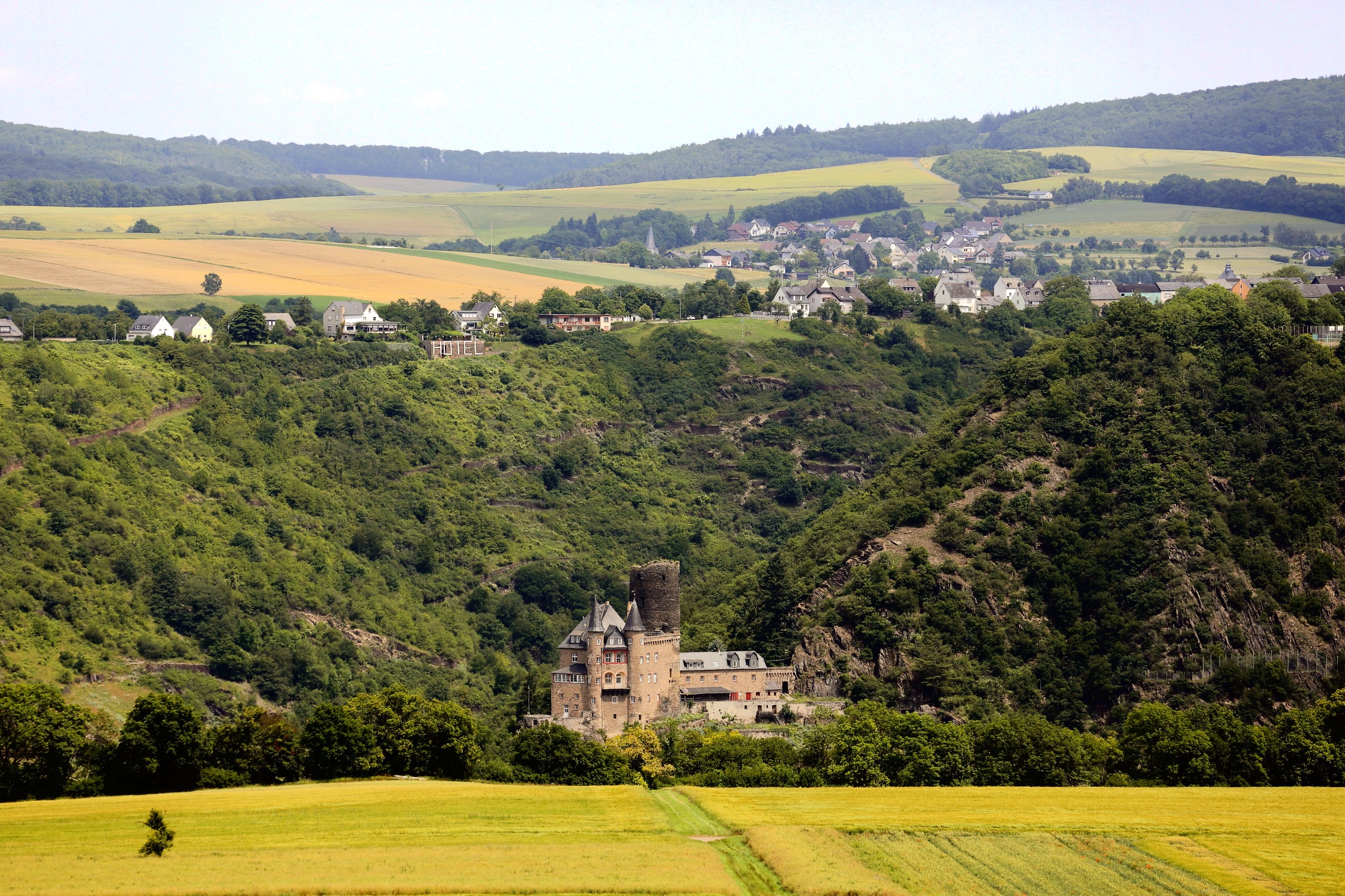 Burg Katz castle in Germany with village and fields HD Wallpaper