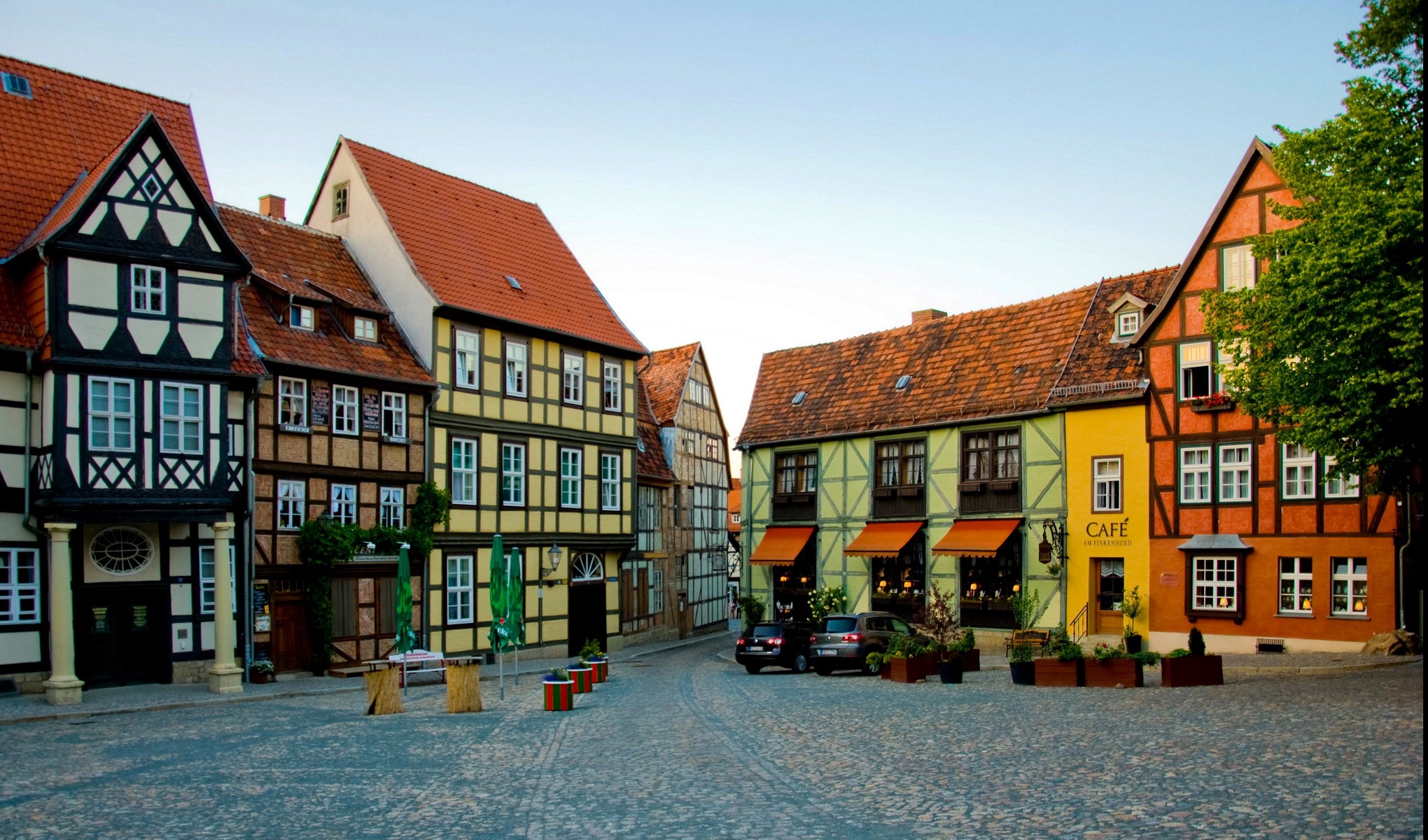 Half-timbered houses on a cobblestone street in Germany HD Wallpaper