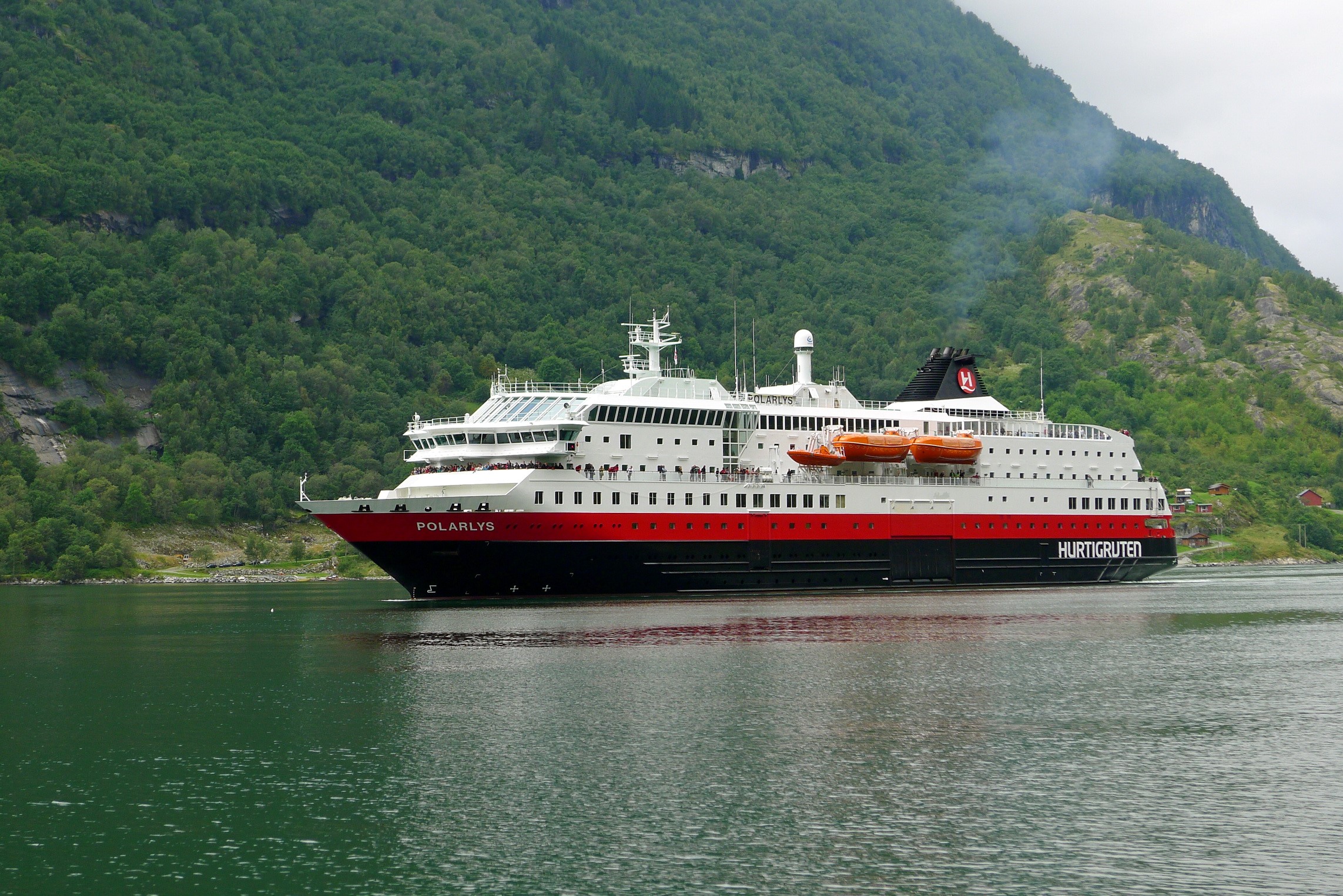 Hurtigruten cruise liner Polarlys sailing in a fjord HD Wallpaper