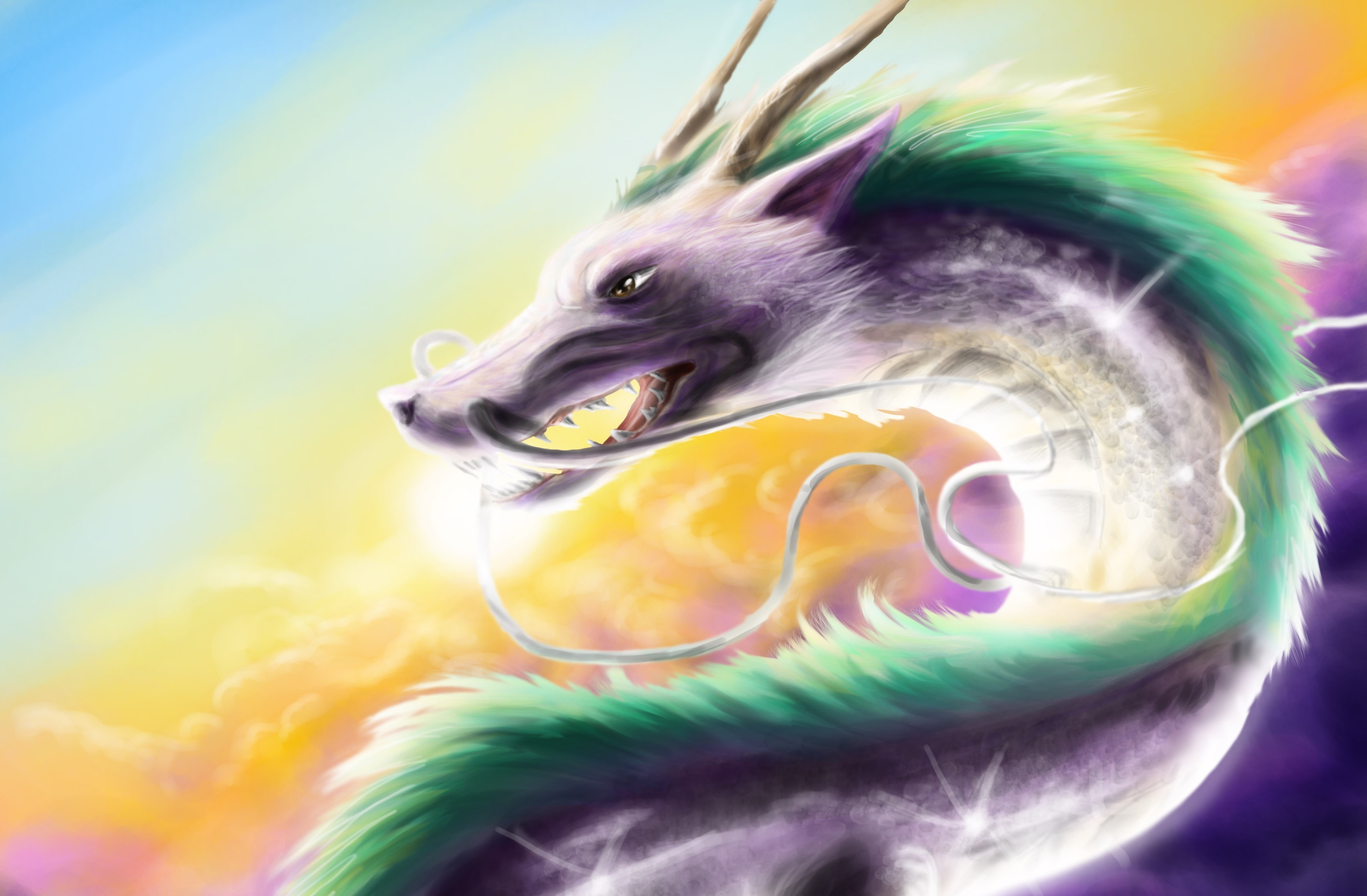 Dragon with green mane in colorful sky HD Wallpaper