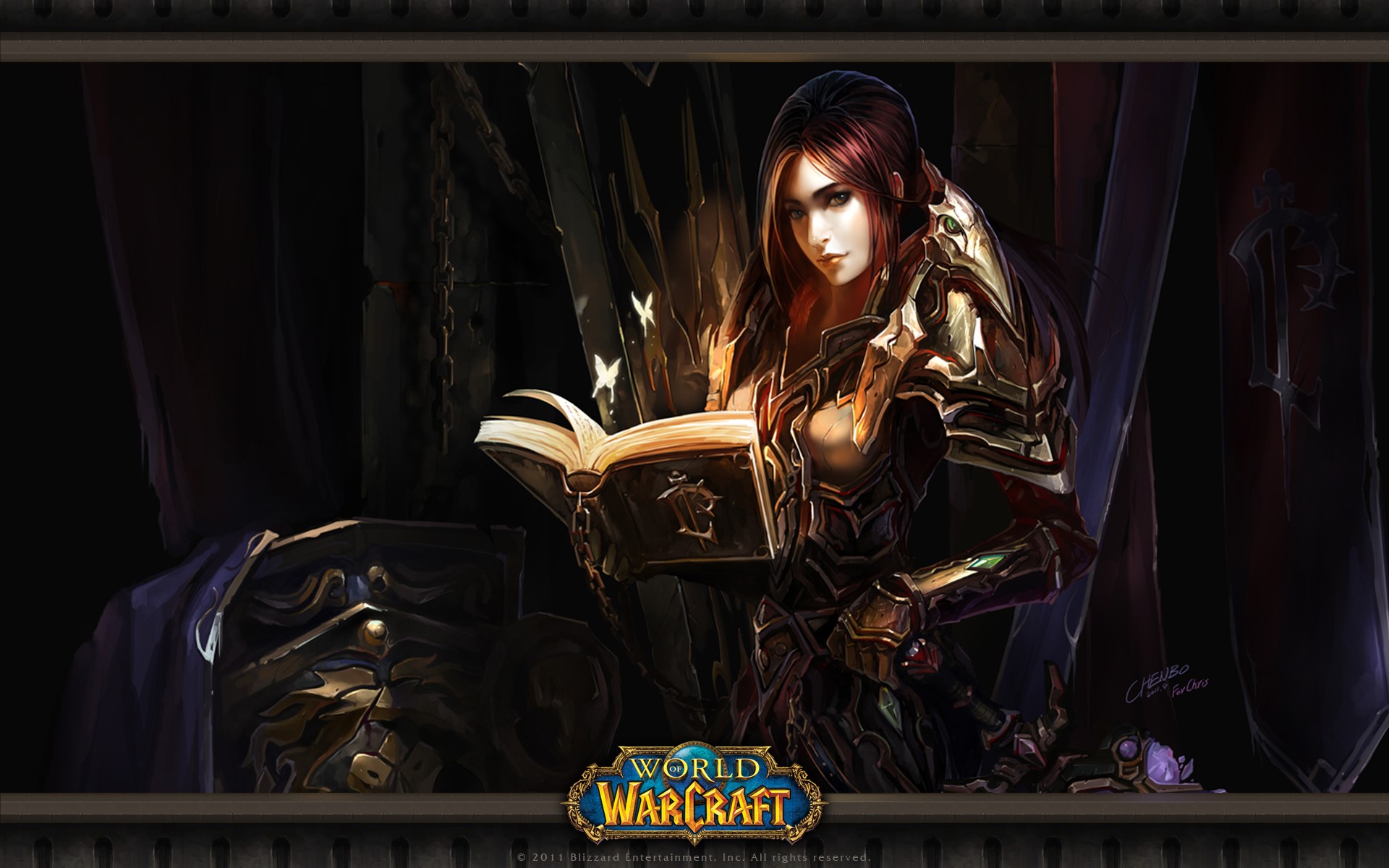 Woman in armor reading a book from World of WarCraft HD Wallpaper