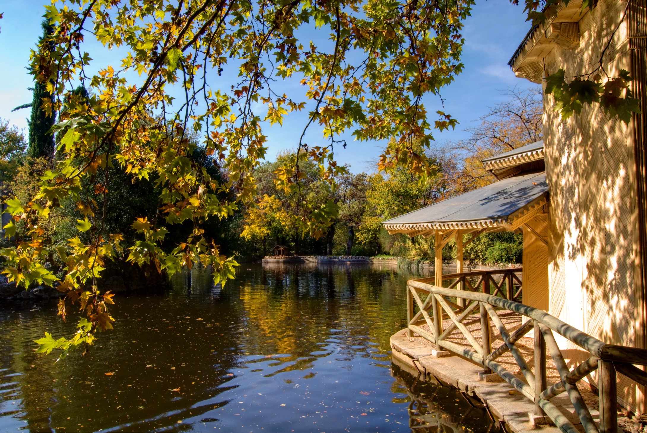 Autumn park with a lake and a wooden pavilion HD Wallpaper