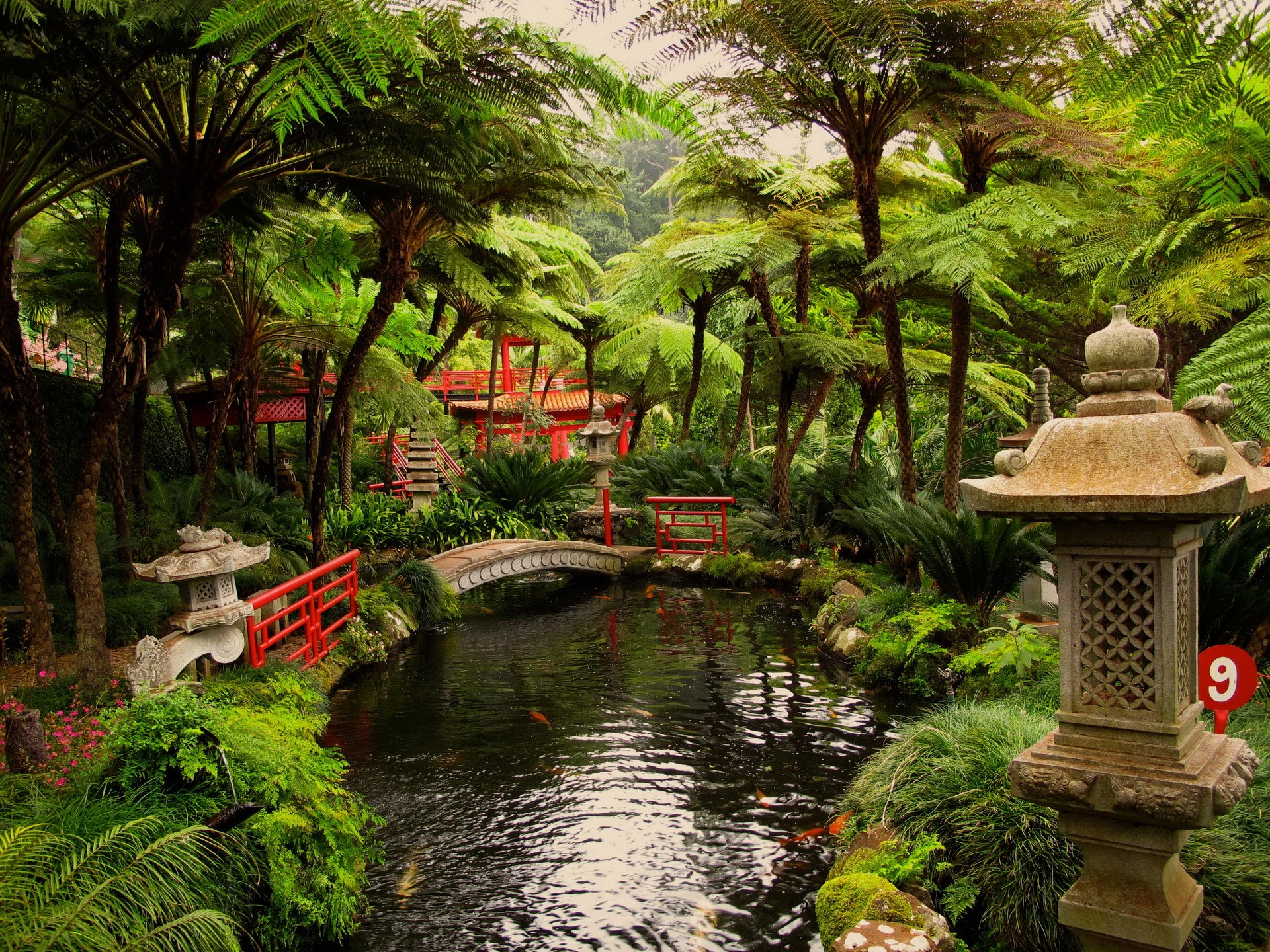 Japanese Garden with Pond and Stone Lanterns HD Wallpaper