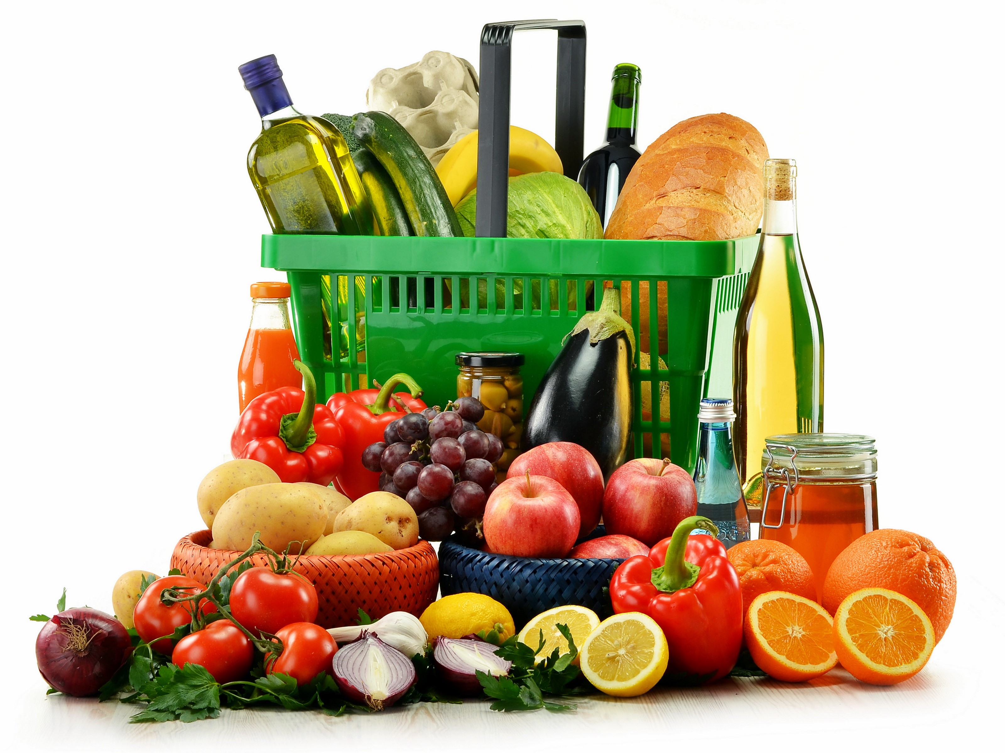 Grocery basket filled with fresh produce and beverages HD Wallpaper