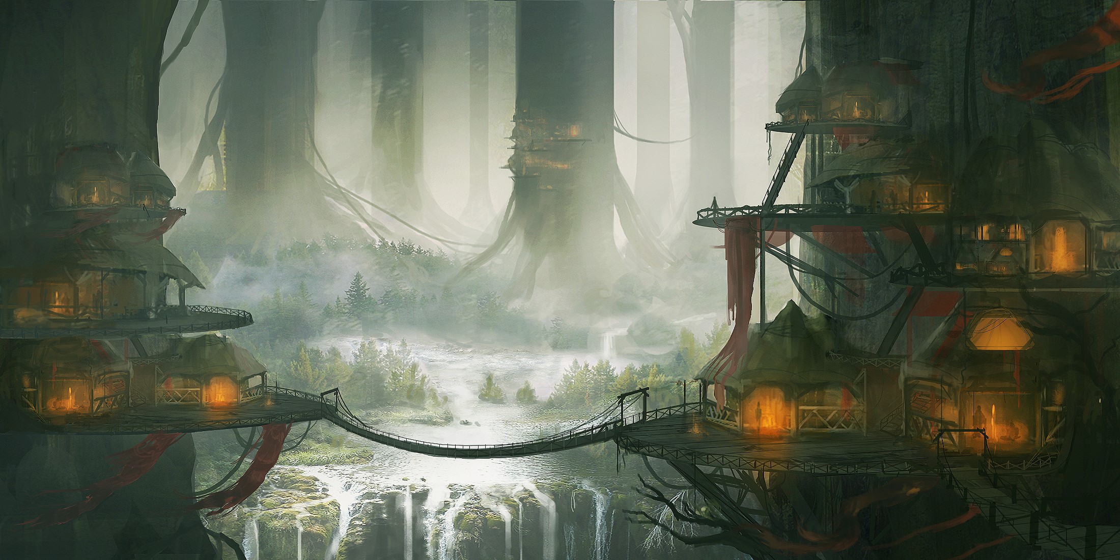 Fantasy village built on giant trees above waterfalls HD Wallpaper