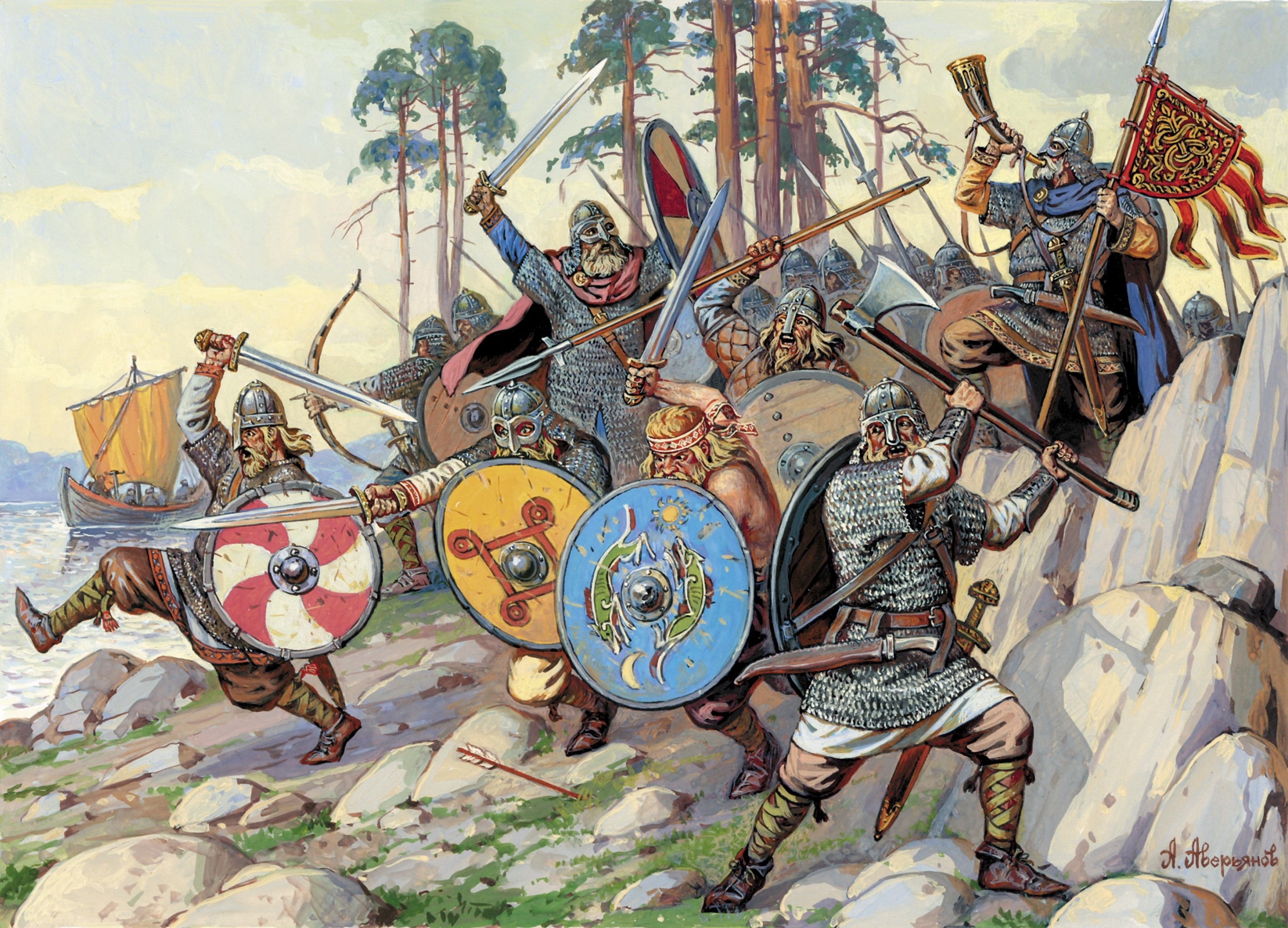 Viking warriors in battle near a lake with a ship HD Wallpaper