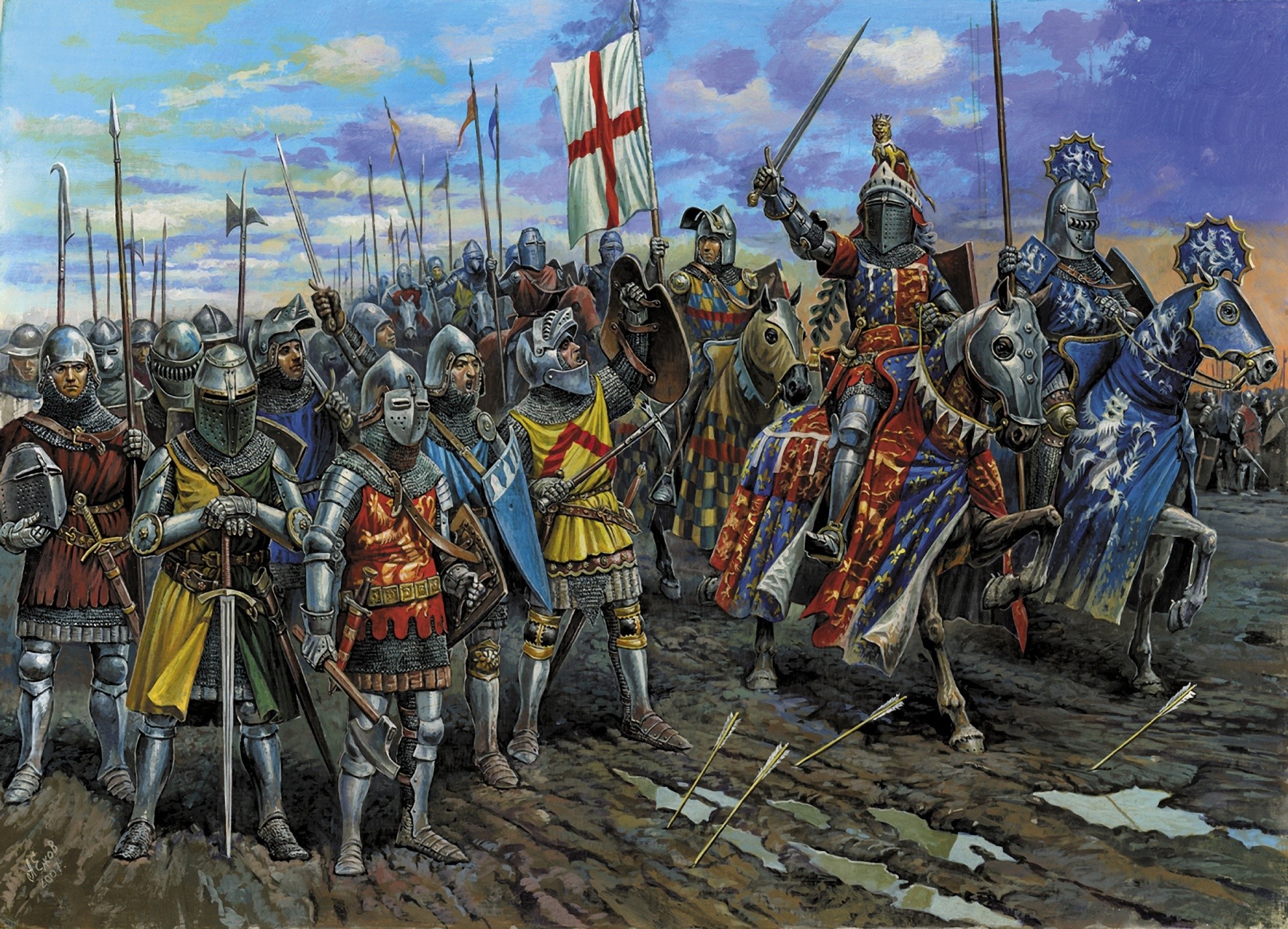 Knights in armor with swords and banners HD Wallpaper