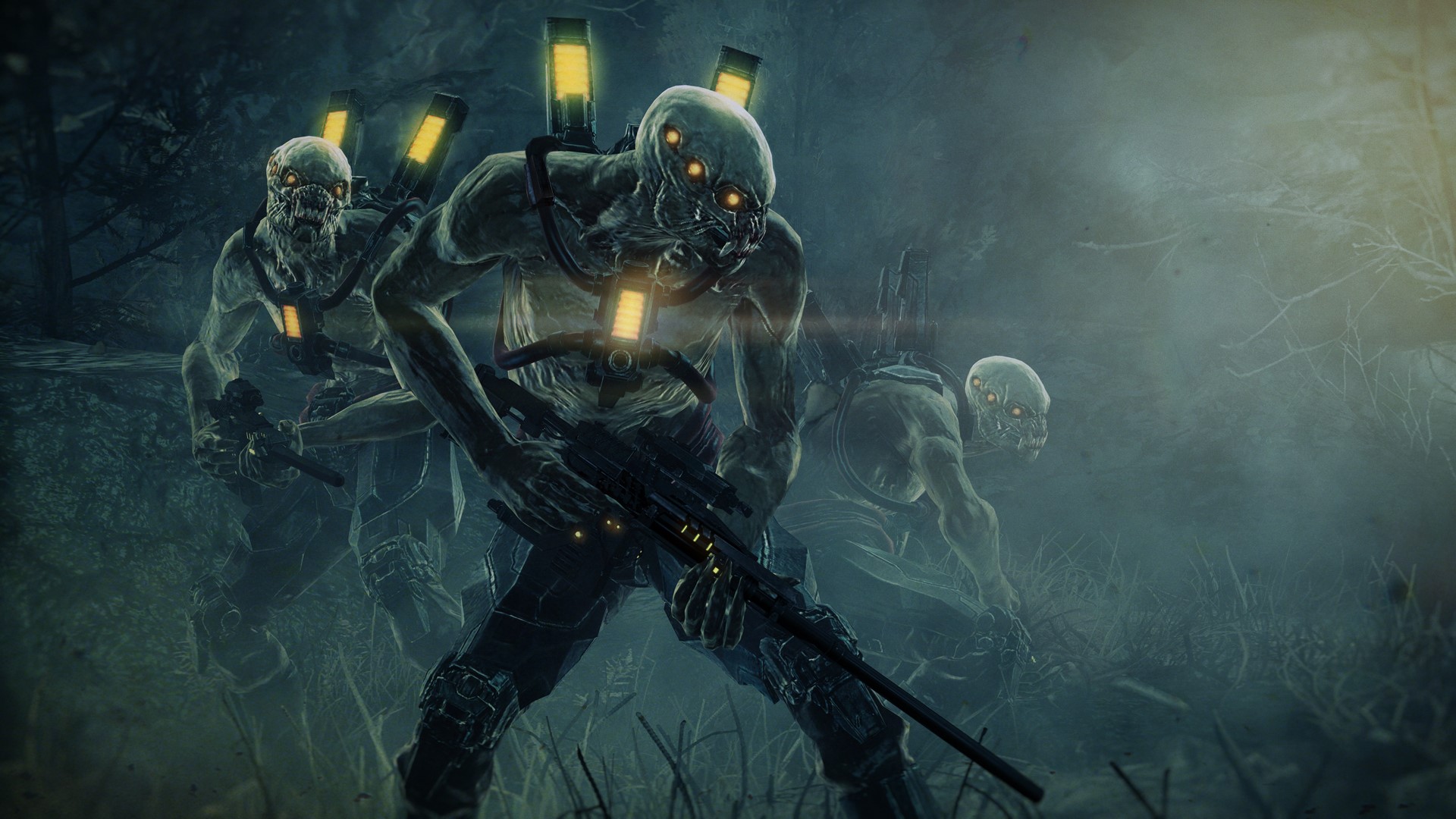 Mutated creatures with glowing eyes and backpacks in a foggy forest HD Wallpaper
