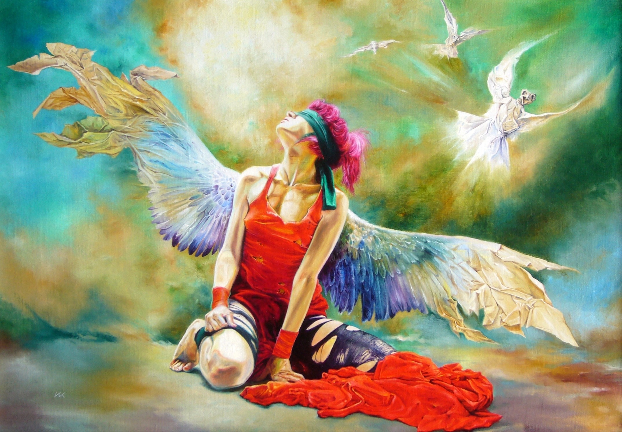 Blindfolded woman with wings and angels HD Wallpaper