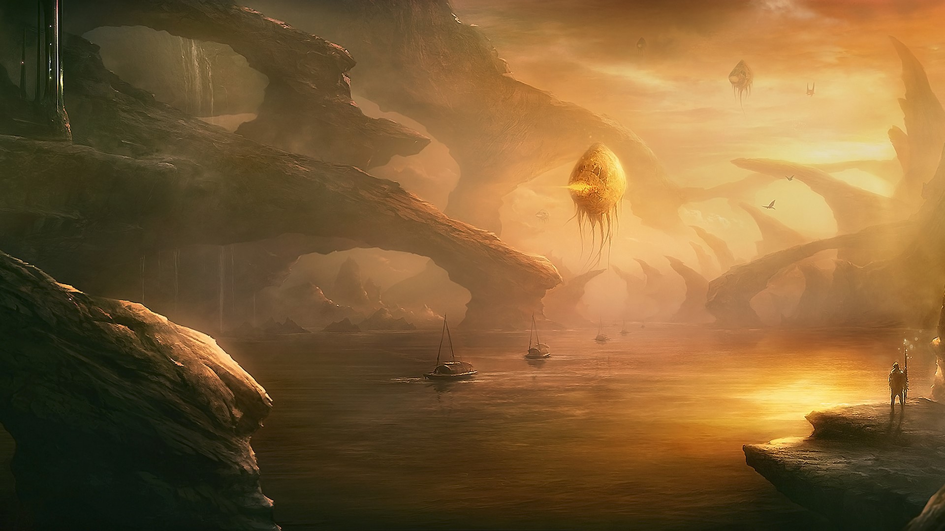 Alien landscape with floating orbs and sailboats HD Wallpaper