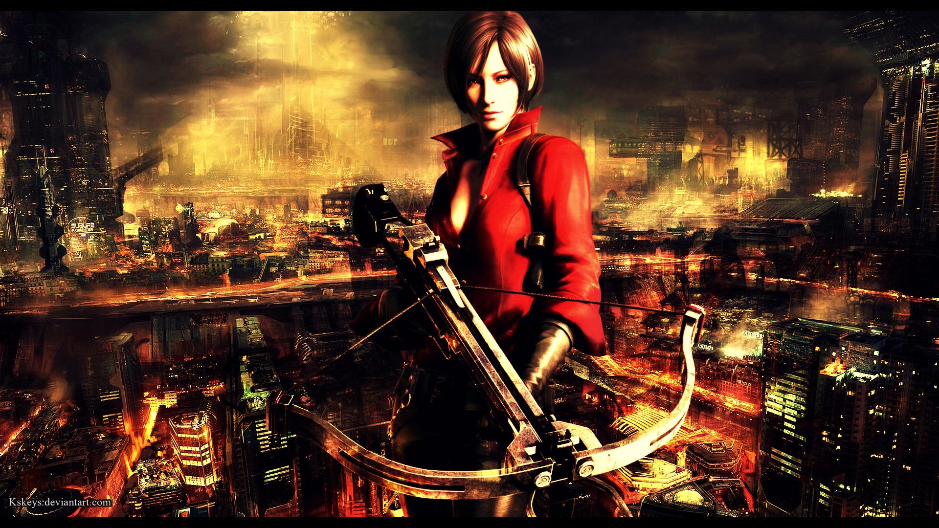 Ada Wong from Resident Evil with a crossbow in a destroyed city HD Wallpaper