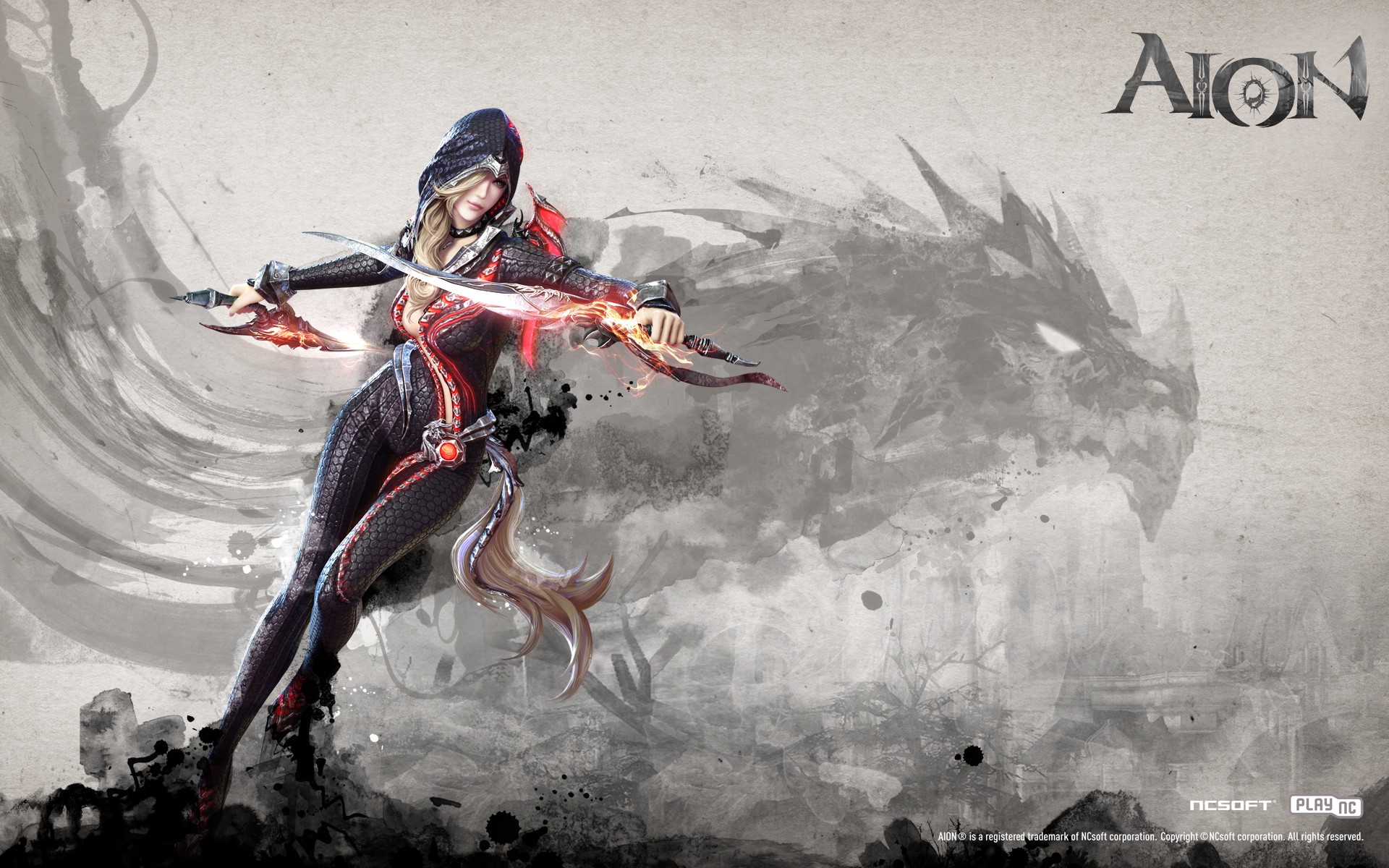 Aion: Tower of Eternity wallpaper with female assassin and dragon HD Wallpaper