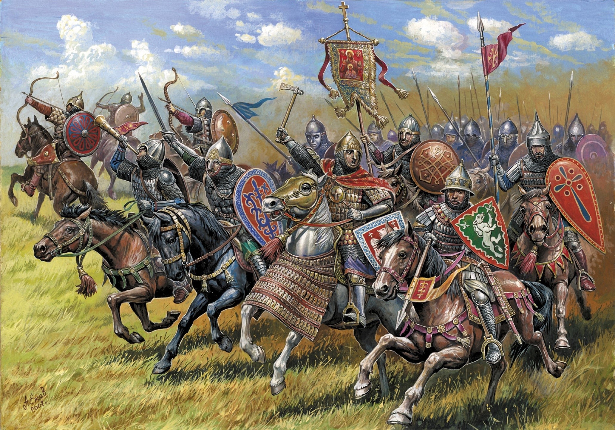 Byzantine cavalry battle with banners and shields HD Wallpaper