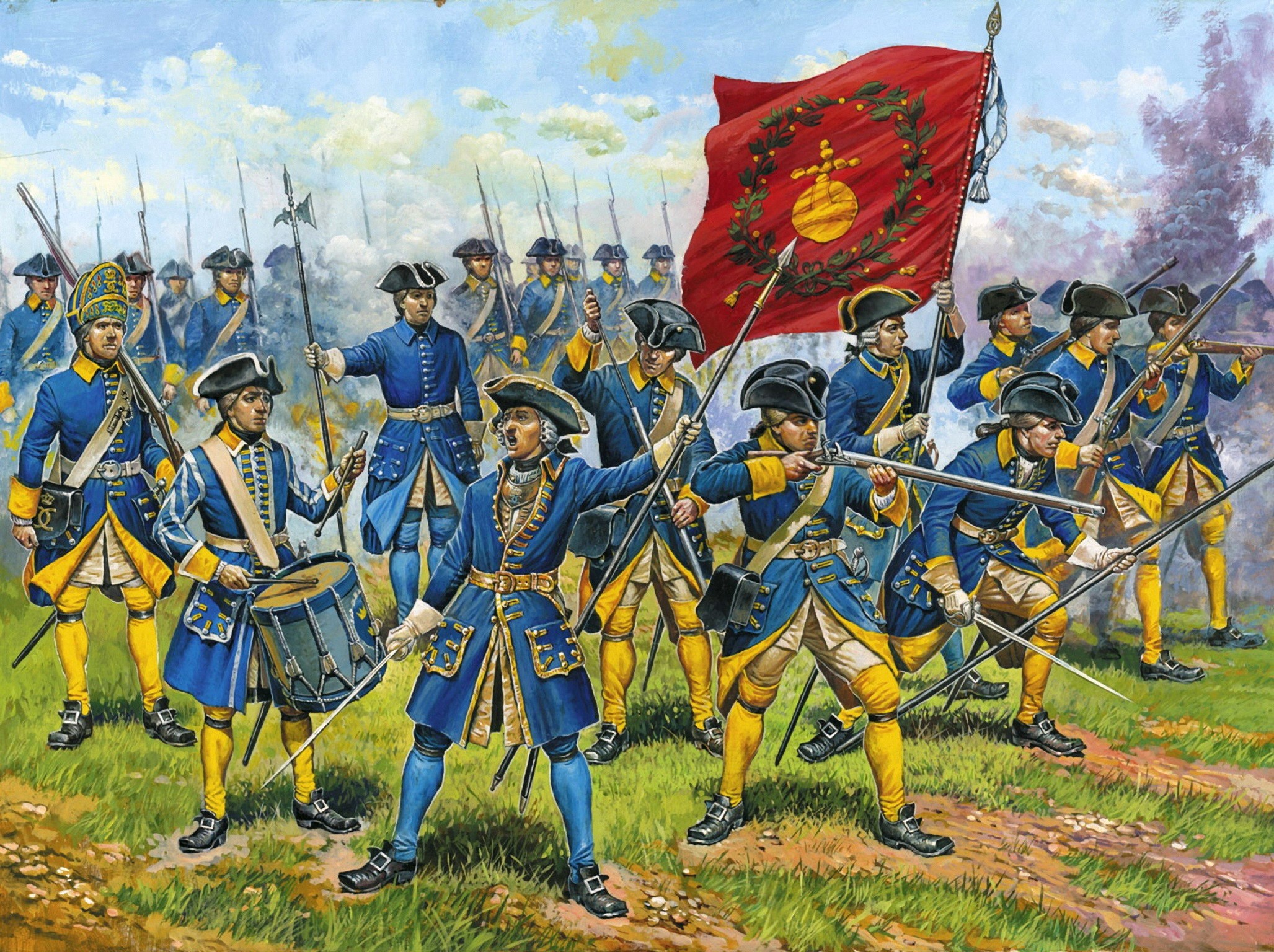Soldiers in blue and yellow uniforms with muskets and a flag HD Wallpaper