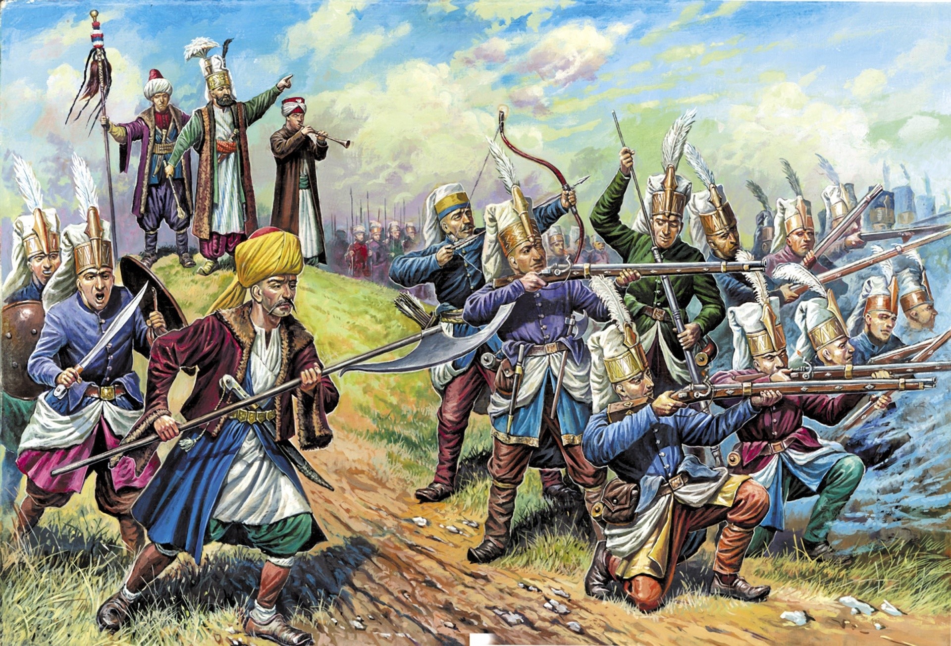 Ottoman soldiers in battle formation with muskets and swords HD Wallpaper