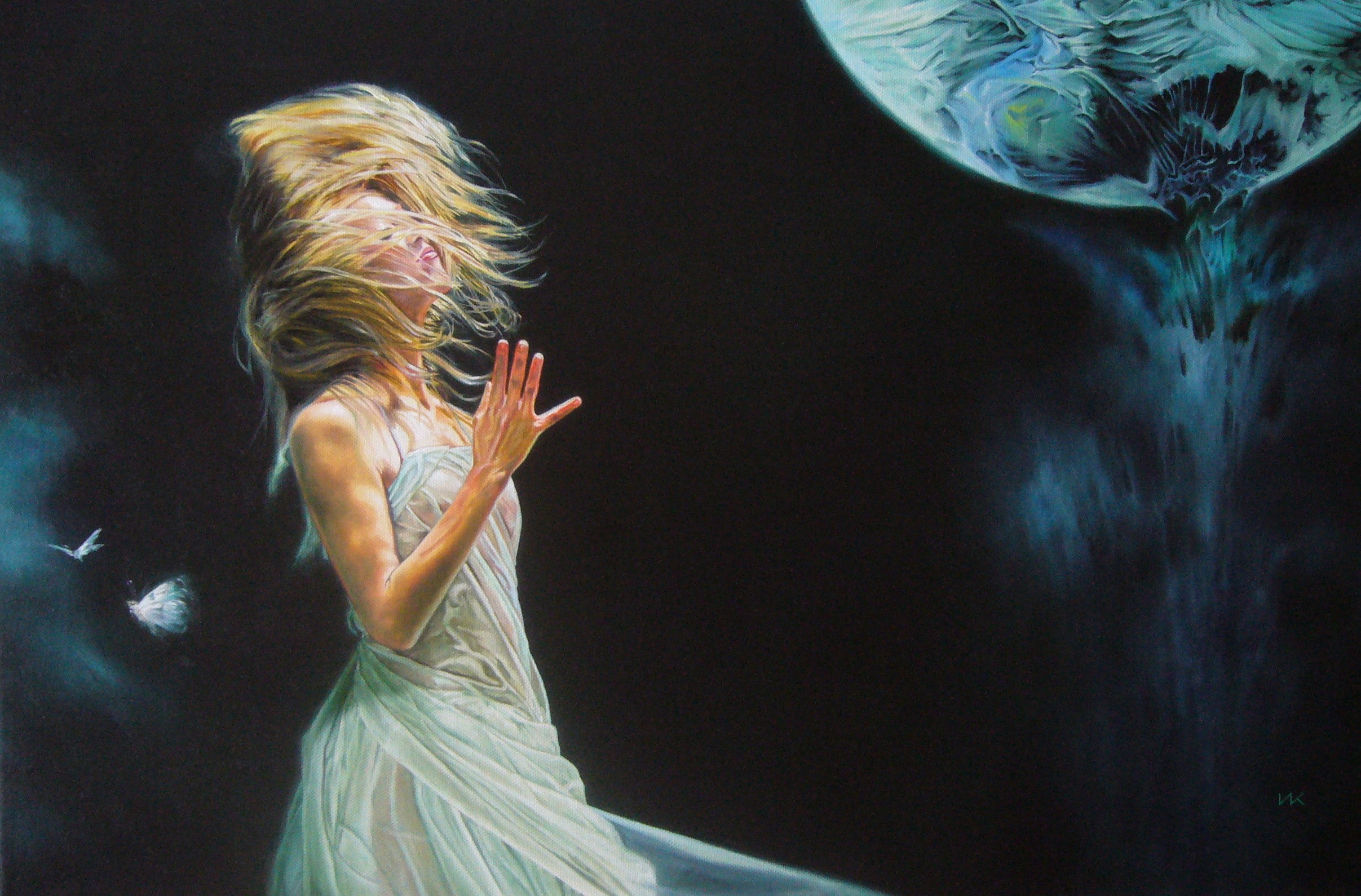 Woman in white dress with hair blowing, near a celestial body HD Wallpaper