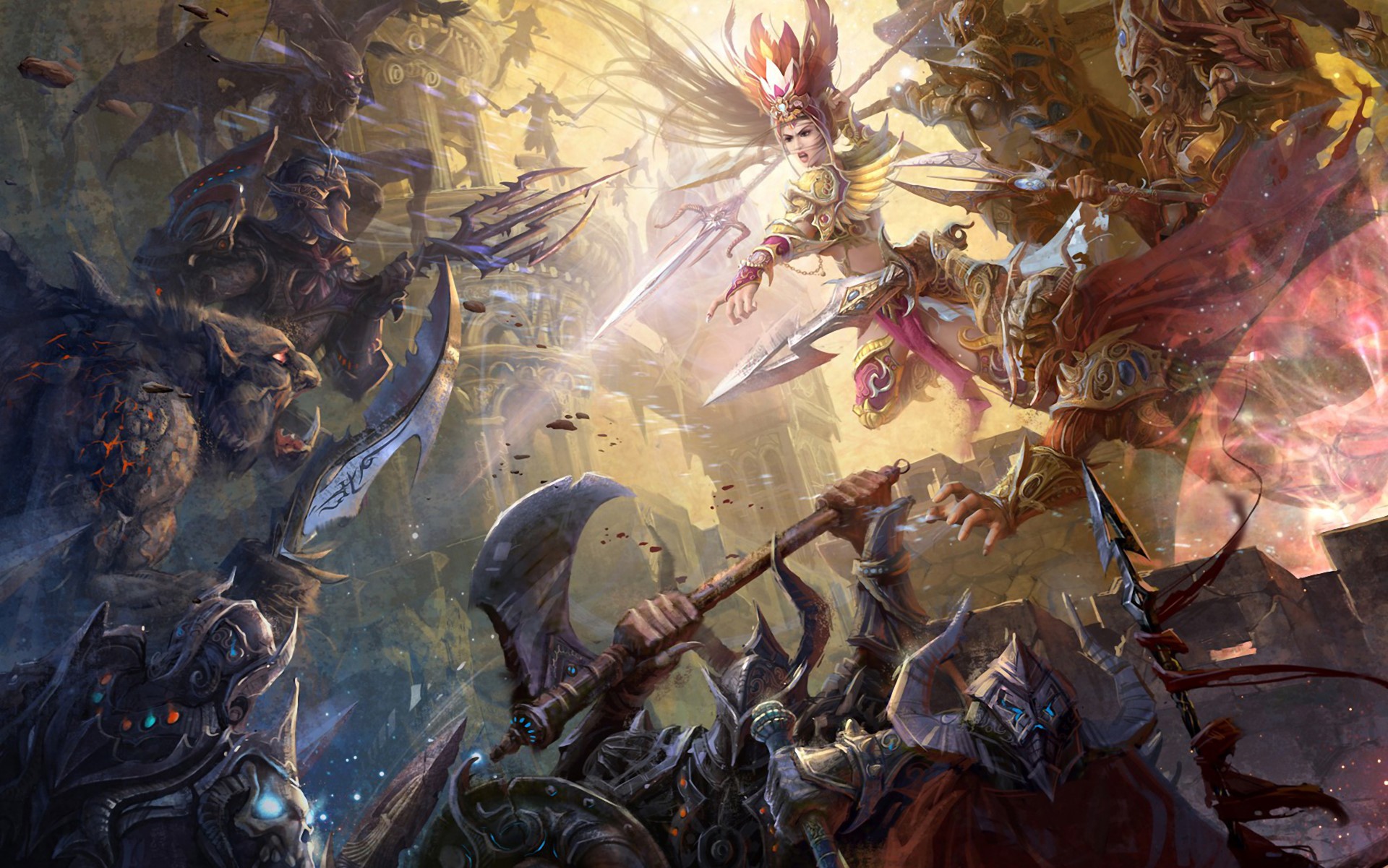 Fantasy battle between monstrous creatures and armored warriors HD Wallpaper