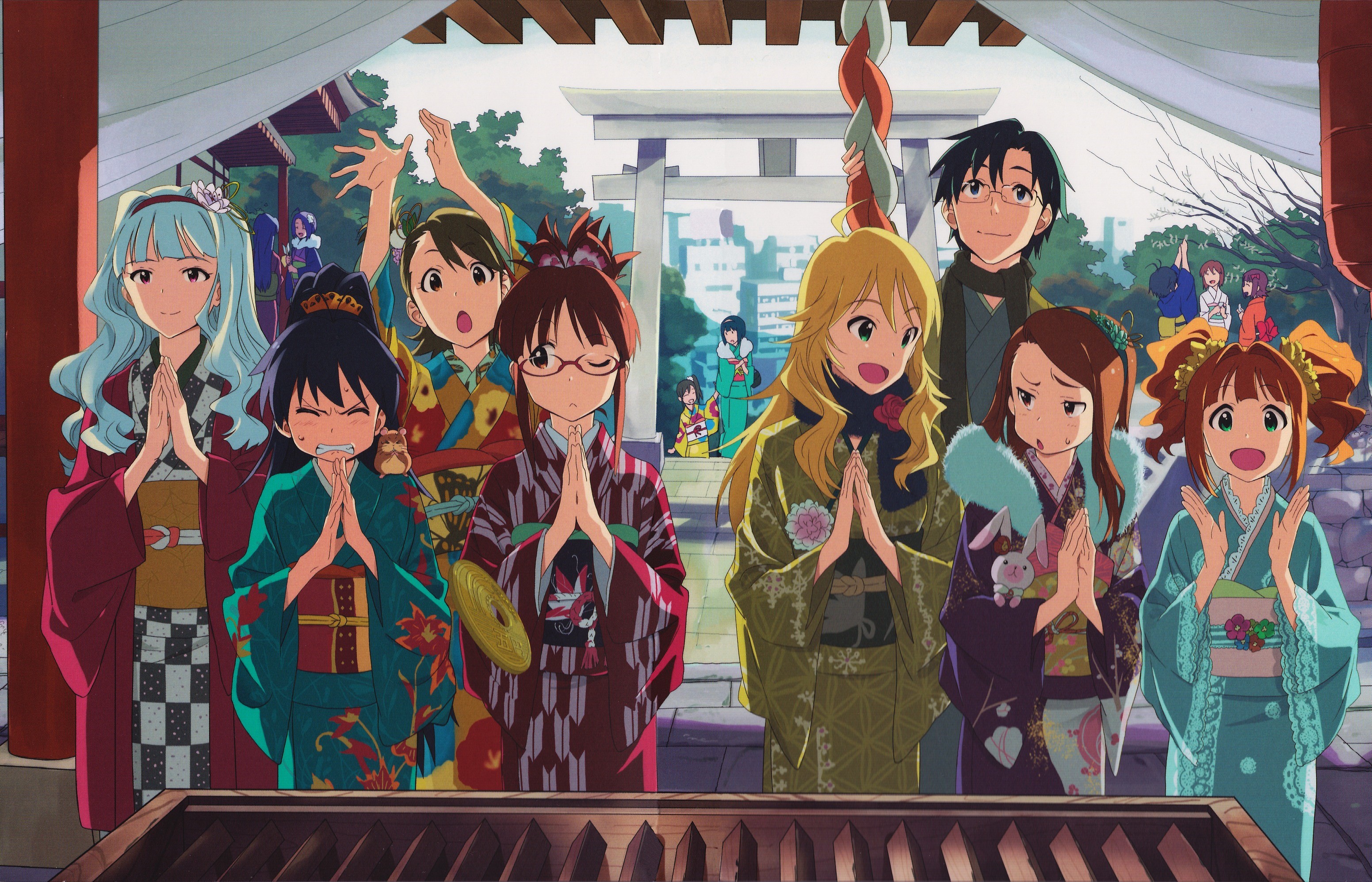 Group of girls in kimonos at a shrine HD Wallpaper