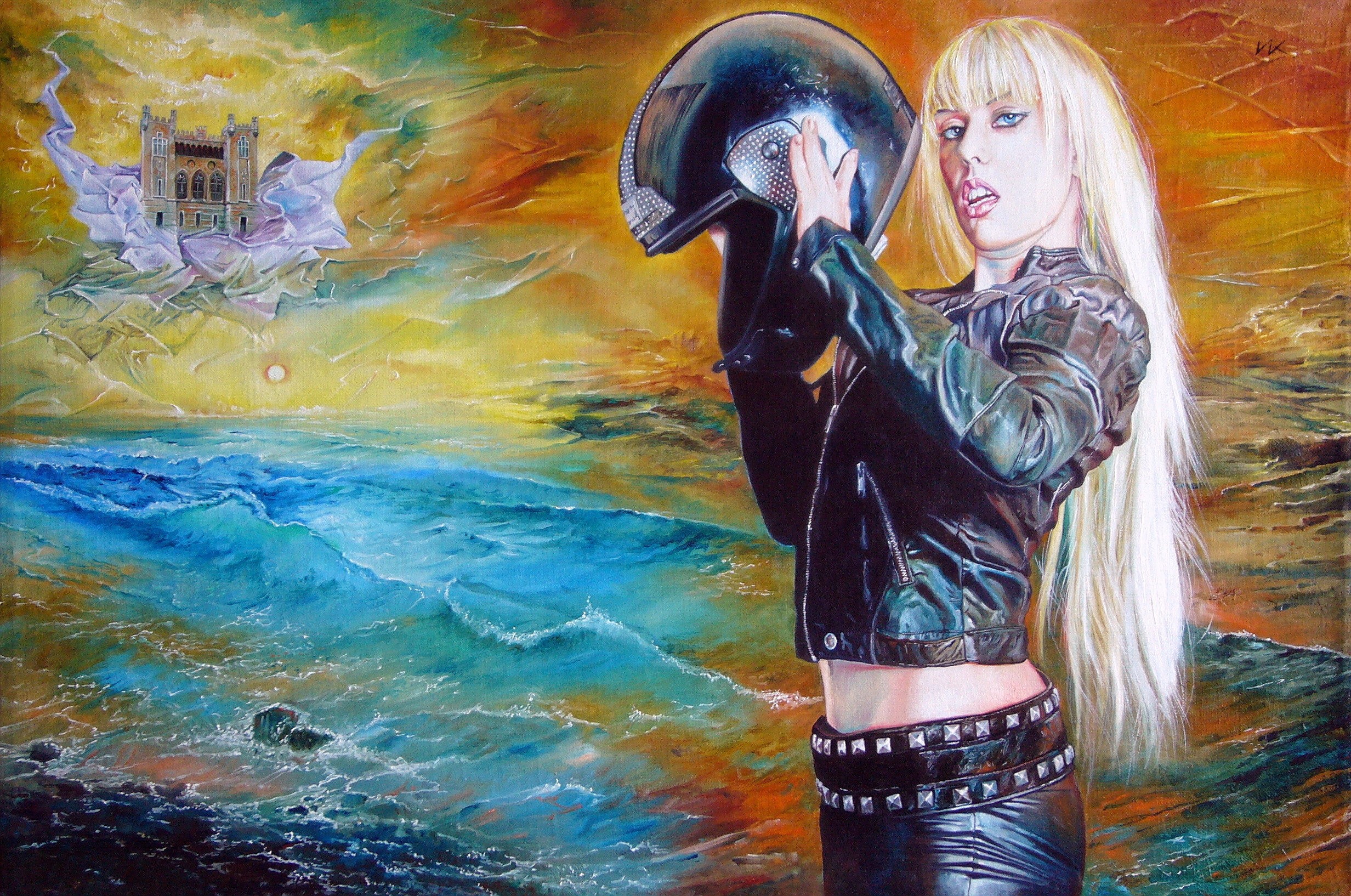 Woman with motorcycle helmet and castle in the sky by Wlodzimierz Kuklinski HD Wallpaper