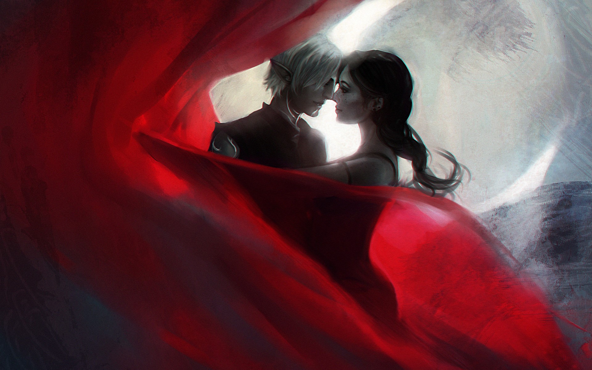 Couple embracing behind red fabric HD Wallpaper
