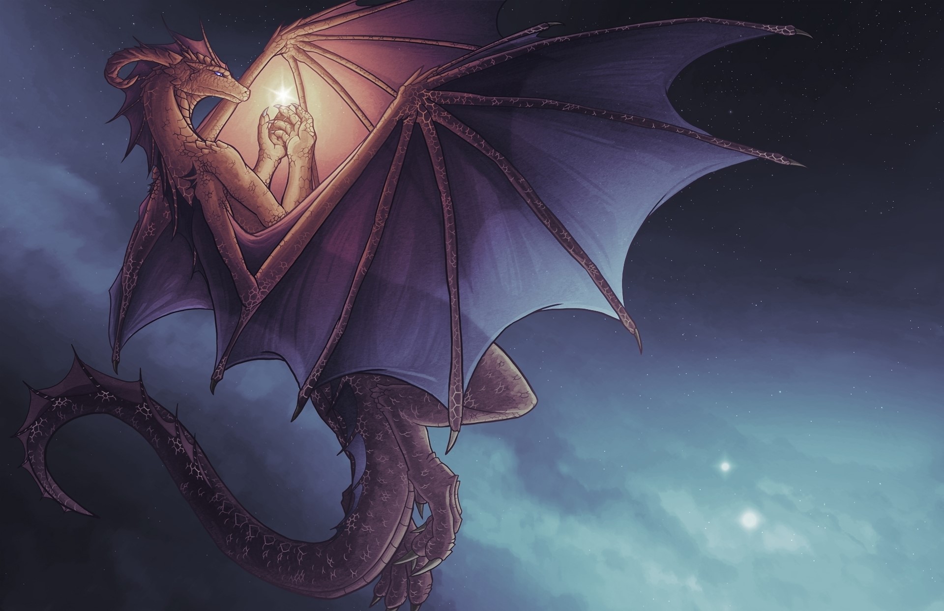 Dragon holding a glowing star in the night sky HD Wallpaper