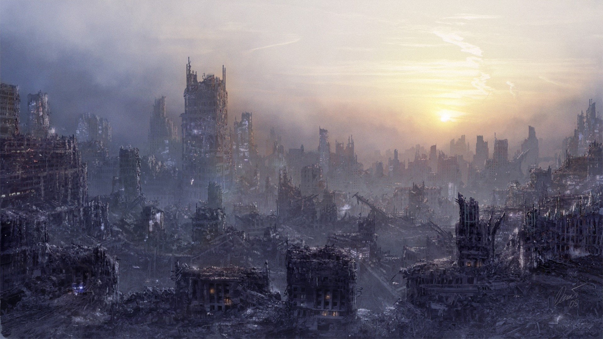 Apocalypse city ruins at sunset HD Wallpaper